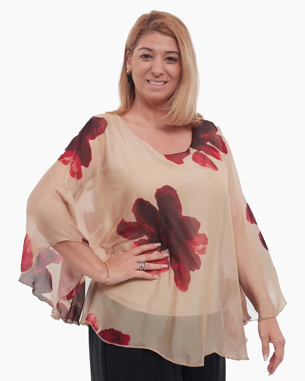 Bluză elegantă bej stil kimono din vâscoză cu imprimeu floral [2]