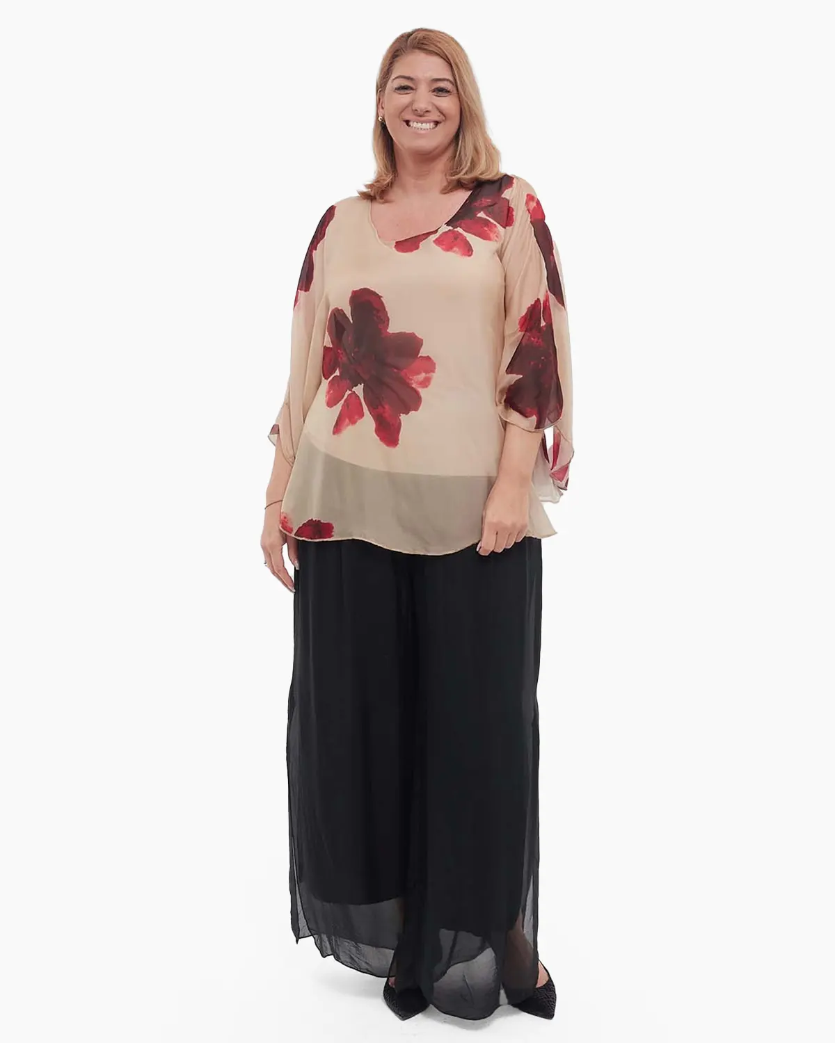Bluză elegantă bej stil kimono din vâscoză cu imprimeu floral [4]