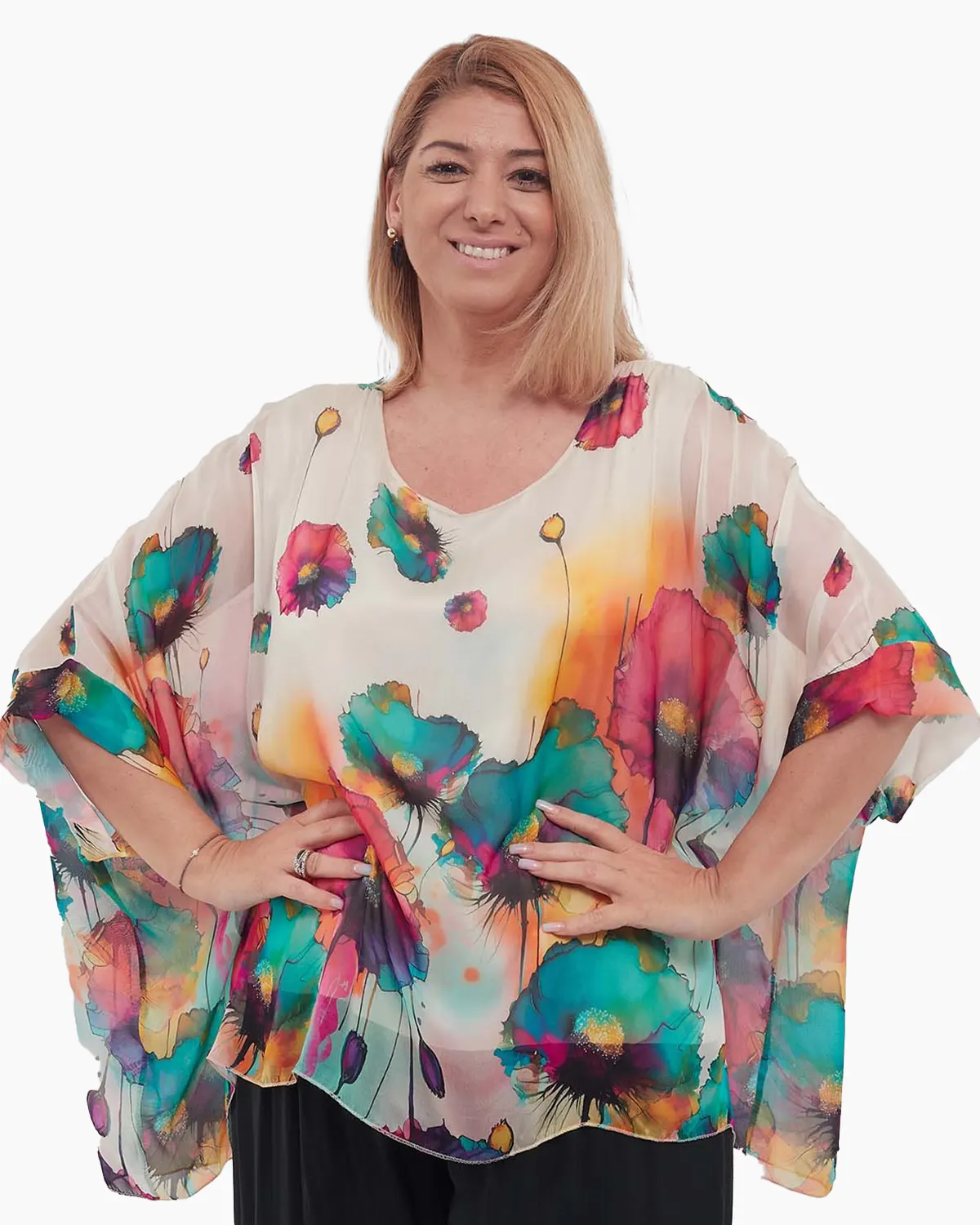 Mărimi mari - Bluză elegantă crem din mătase cu imprimeu floral romantic