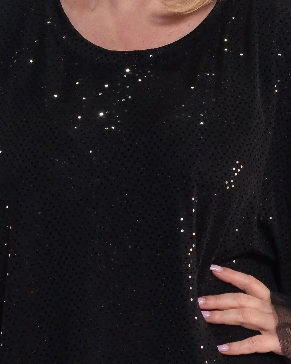 Bluză elegantă sclipitoare neagră cu mâneci kimono și volane dantelă [4]