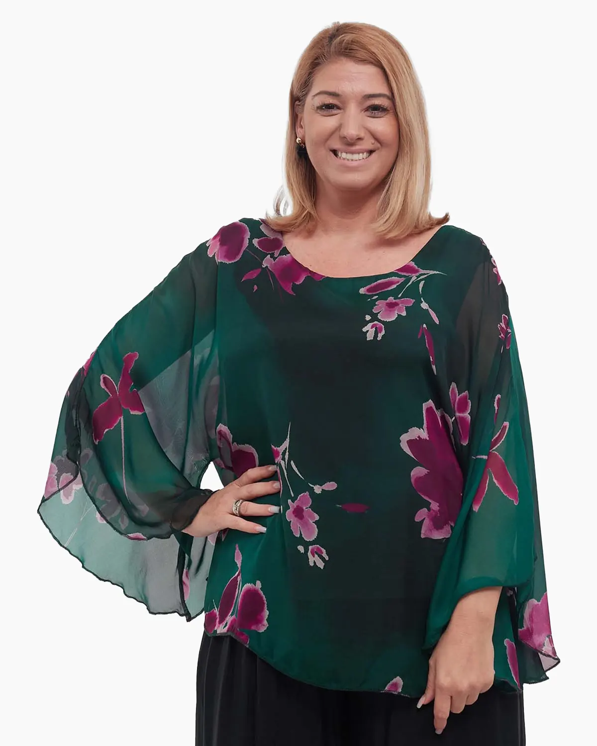 Bluze din Vâscoză - Bluză elegantă verde stil kimono din vâscoză cu mâneci evazate și imprimeu floral