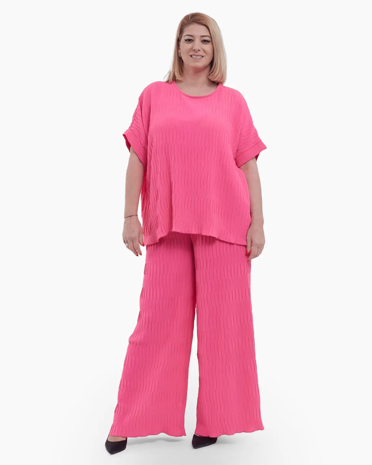 Haine damă - Bluza feminina casual cu umeri cazuti, maneci scurte si croiala larga, decolteu rotund clasic, talie unica, roz