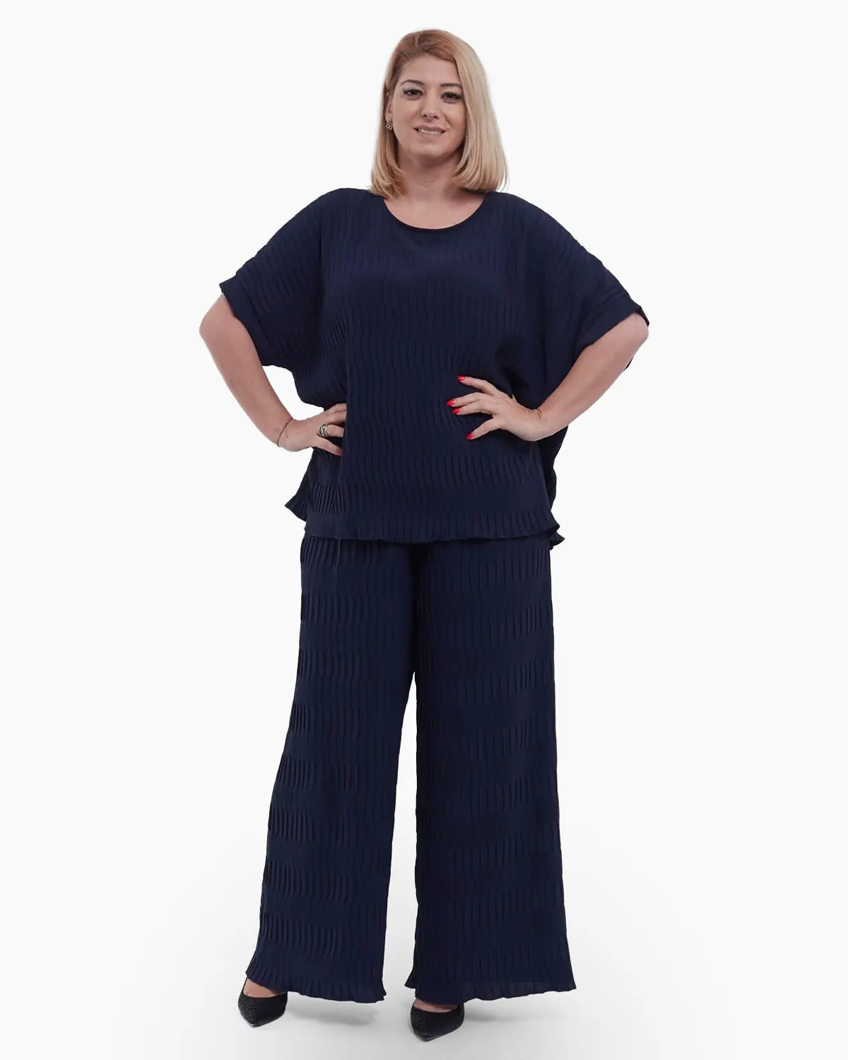 Bluza feminina rafinata si versatila stil casual cu umeri cazuti maneci scurte croiala lejera talie unica bleumarin [1]