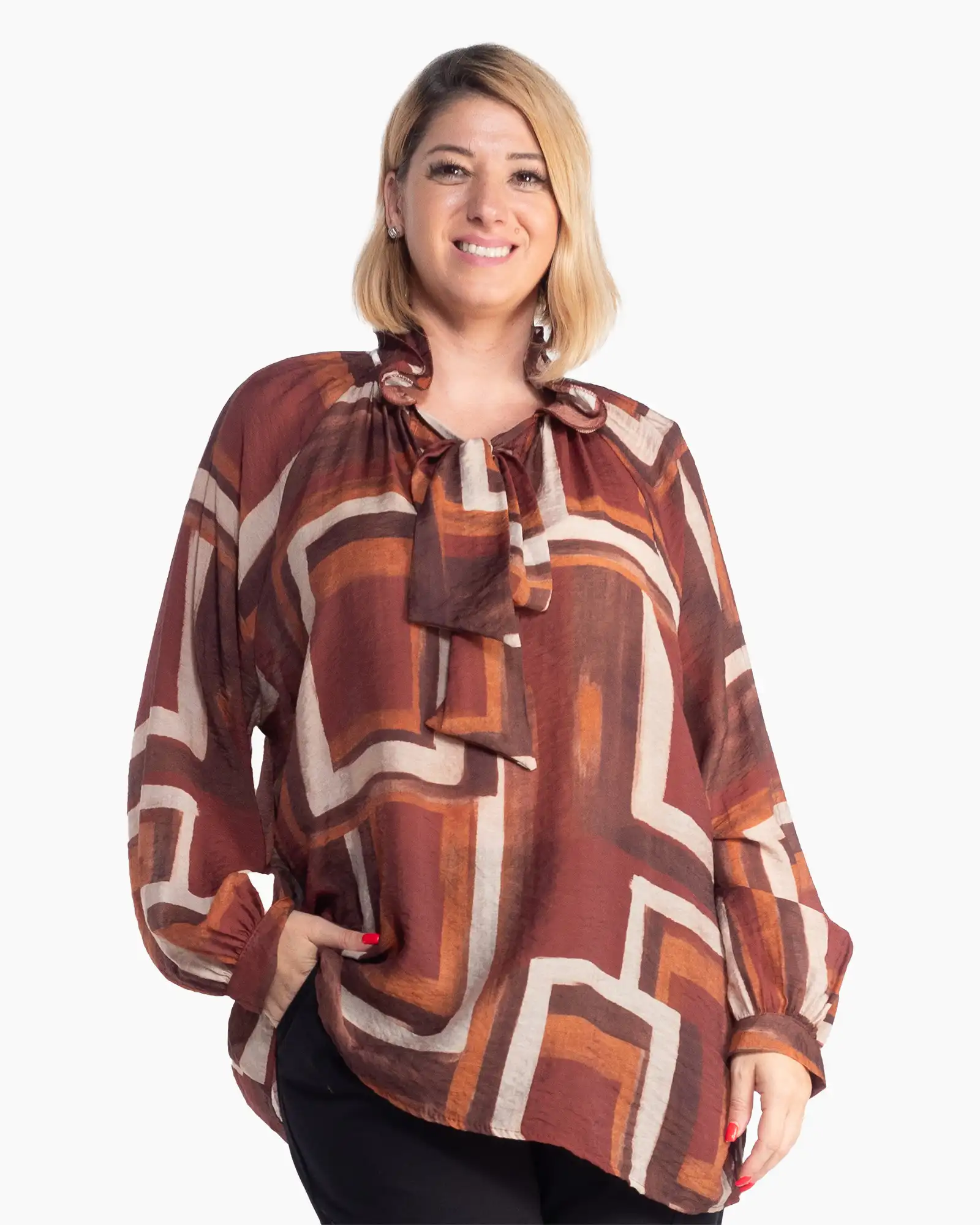 Produse noi - Bluză fluidă caramel în stil boho cu imprimeu geometric și volane delicate