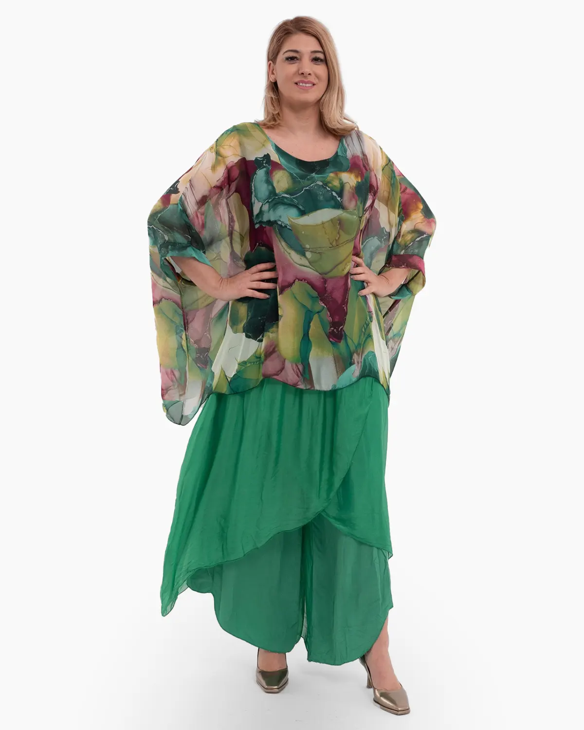 Bluze din Vâscoză - Bluza fluida cu matase, verde kaki si visiniu
