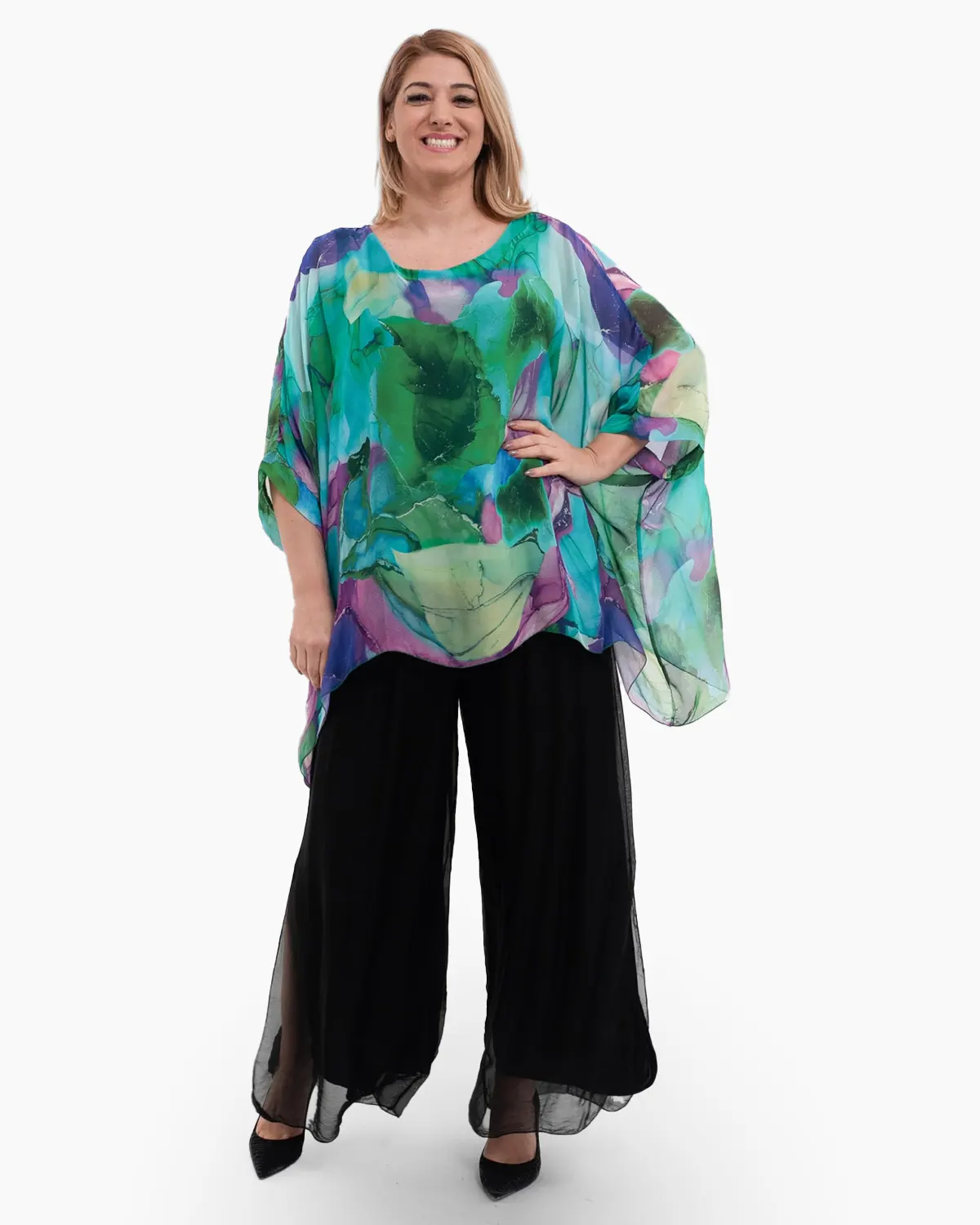 Bluze din Vâscoză - Bluza fluida cu matase, verde si mov