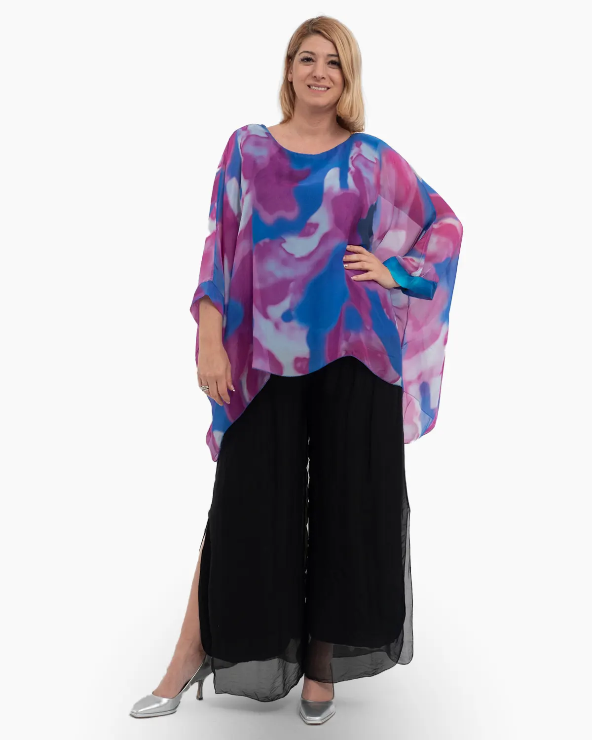 Bluze - Bluza fluida mov din matase cu imprimeu floral