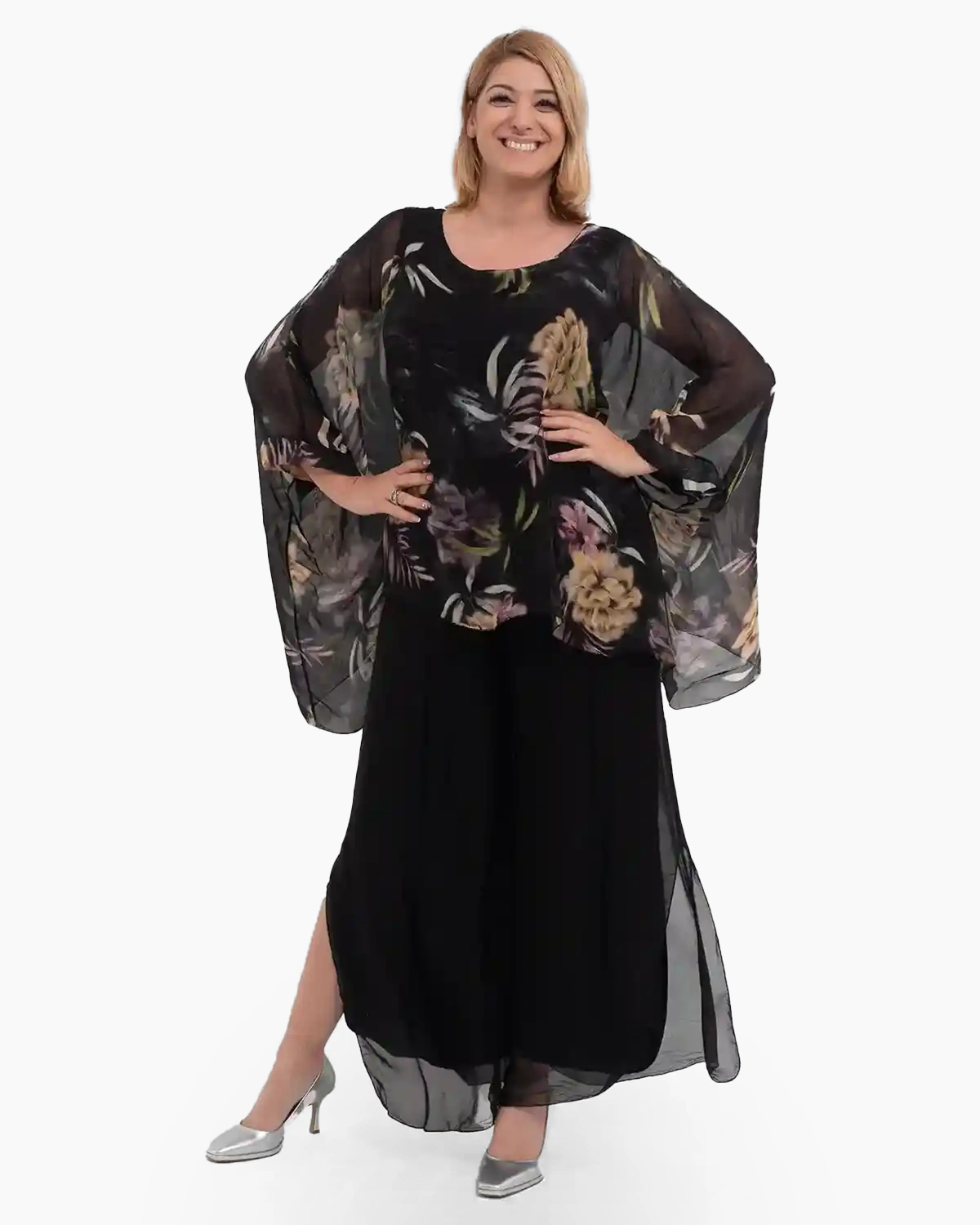 Bluze din Vâscoză - Bluza fluida neagra din matase cu imprimeu floral