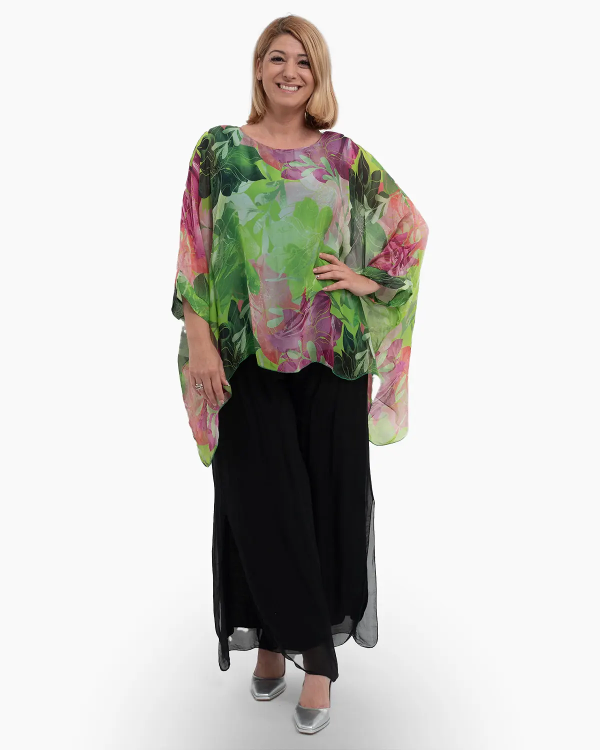 Bluze din Vâscoză - Bluza fluida vernil din matase cu imprimeu floral