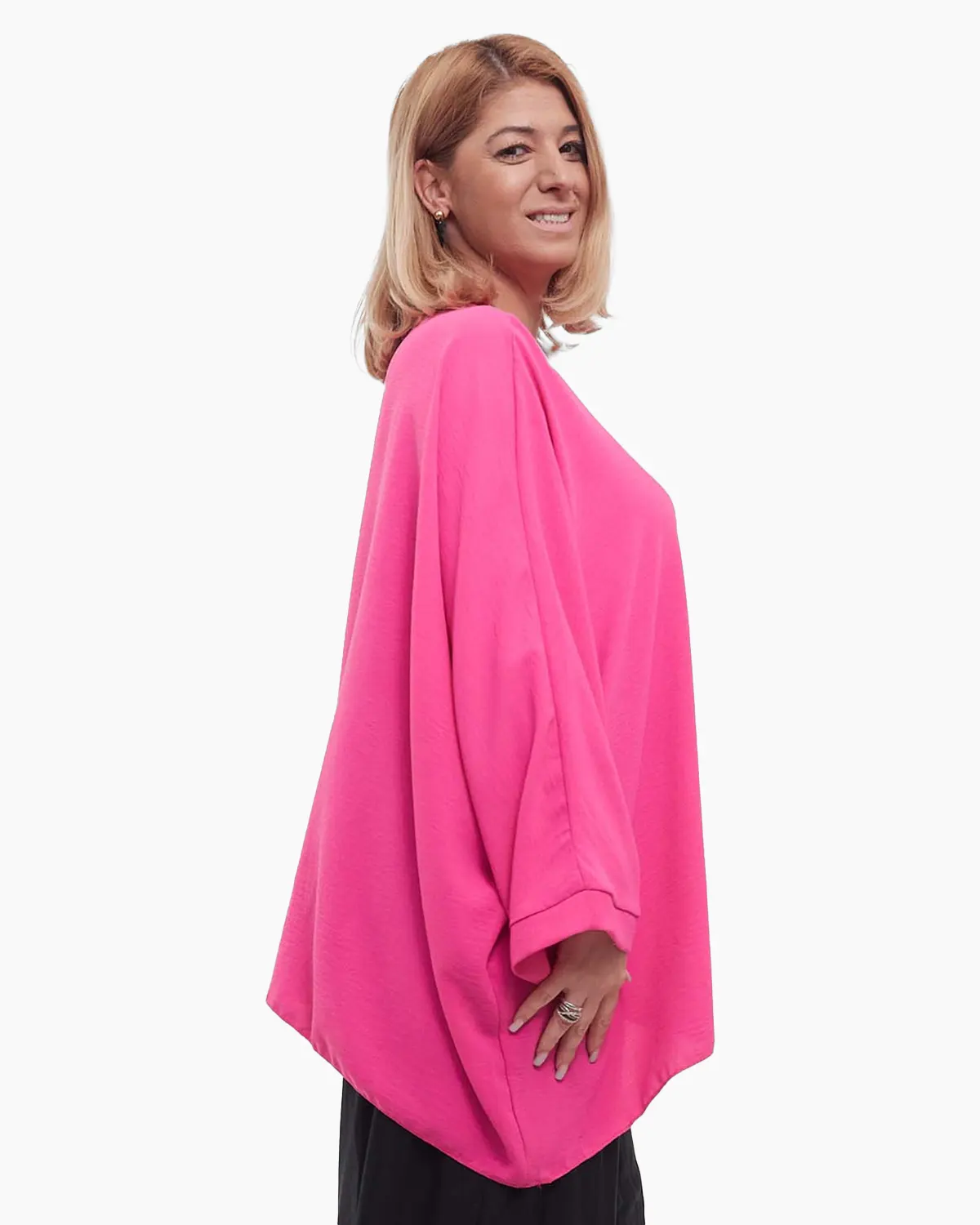 Bluză fucsia casual amplă din vâscoză, mâneci dolman, colier inclus [3]
