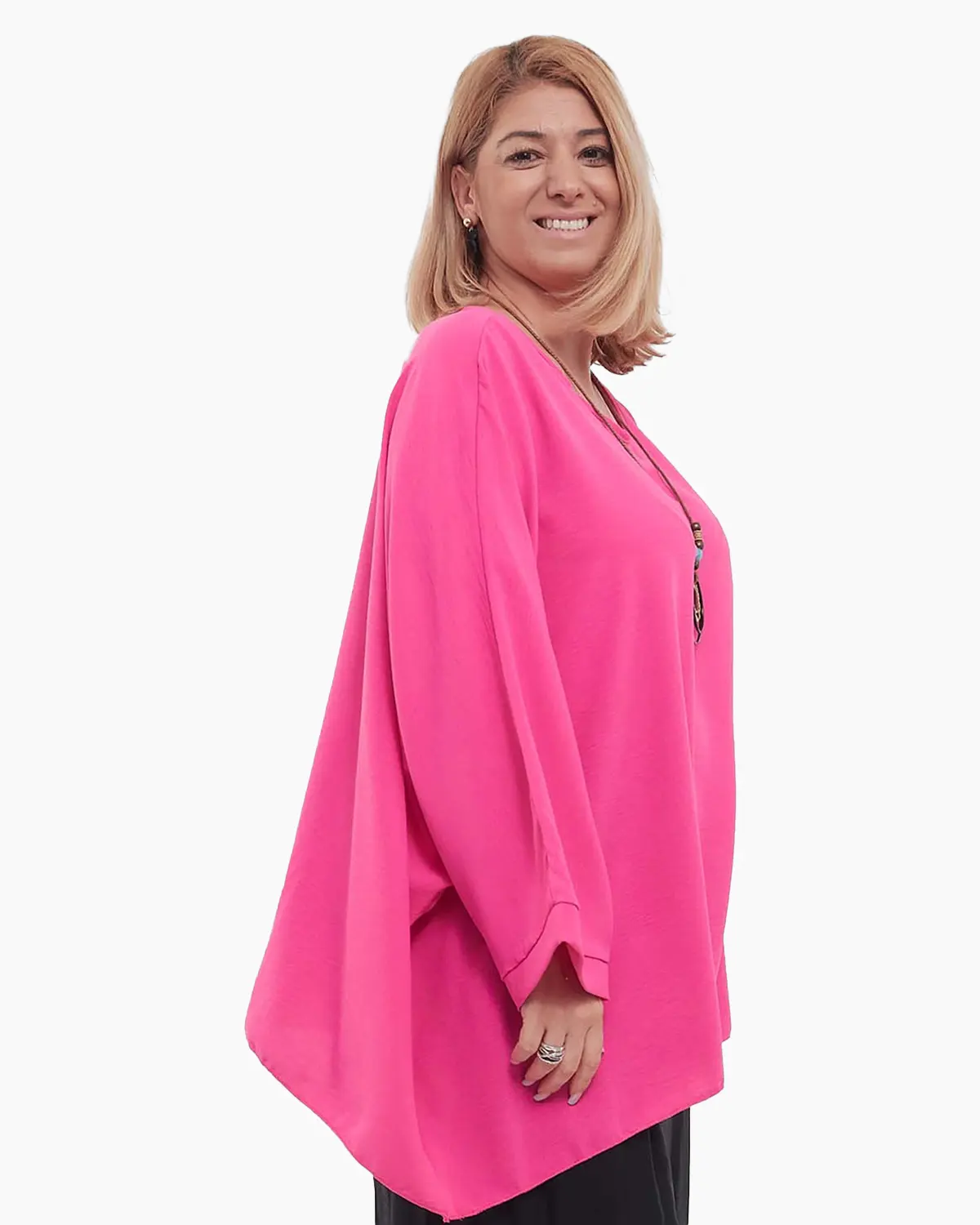 Bluză fucsia casual amplă din vâscoză, mâneci dolman, colier inclus [2]