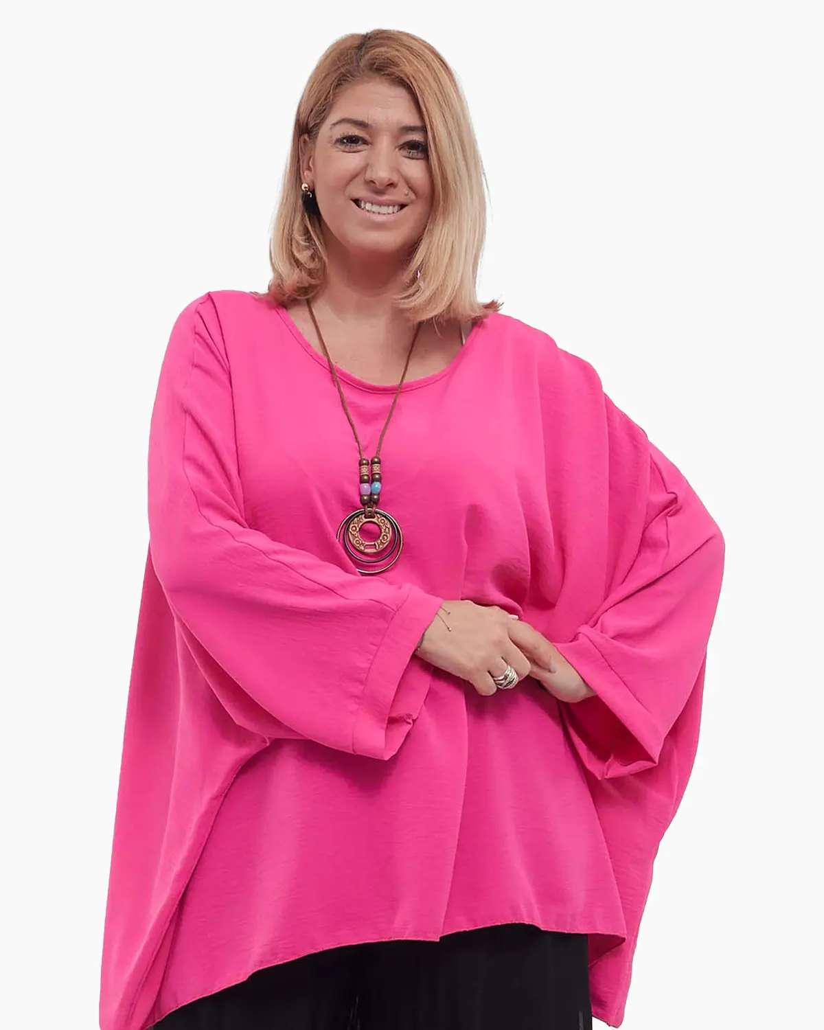 Haine damă - Bluză fucsia casual amplă din vâscoză, mâneci dolman, colier inclus