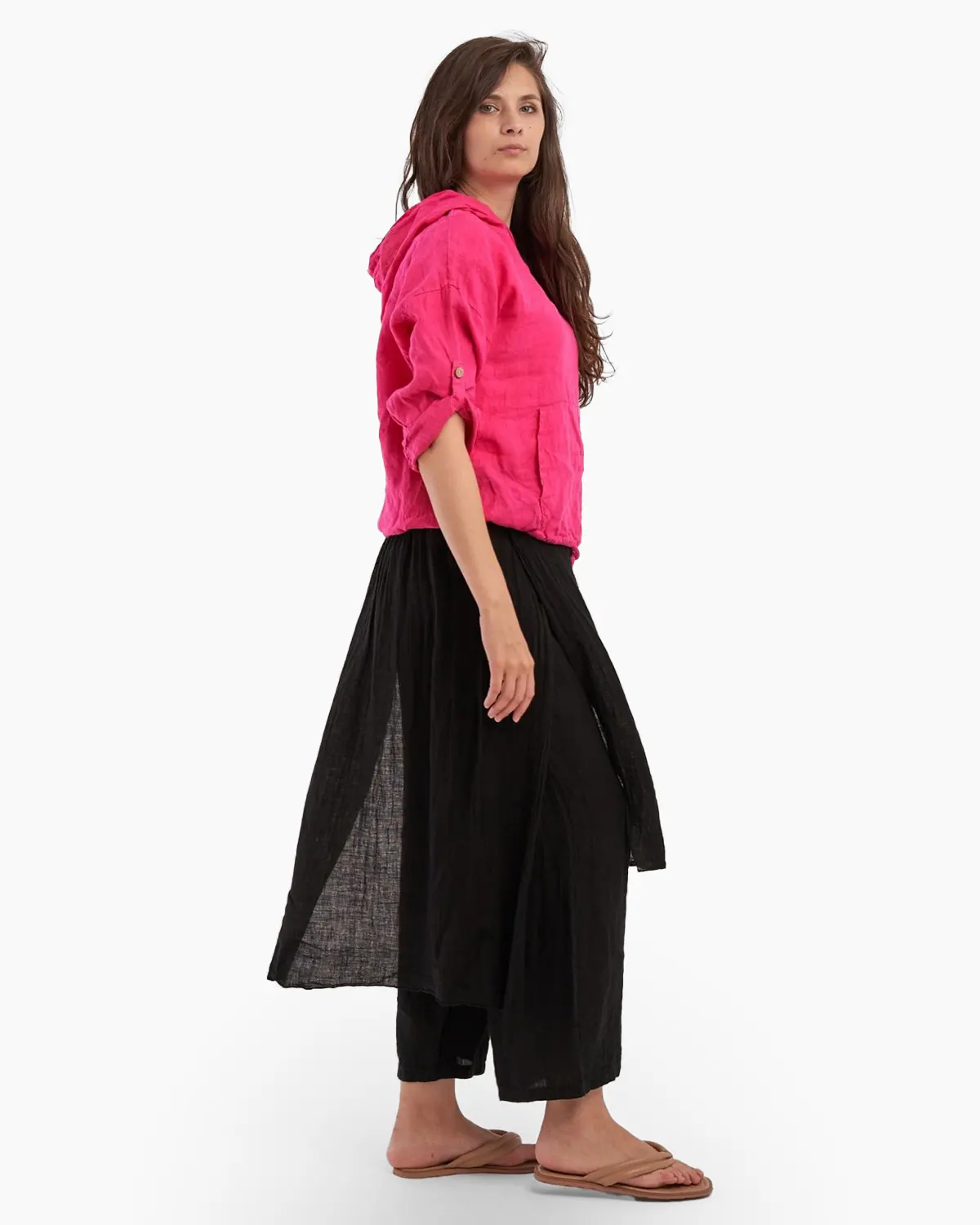 Bluze din In - Bluza fucsia gen hanorac din in cu gluga si buzunare