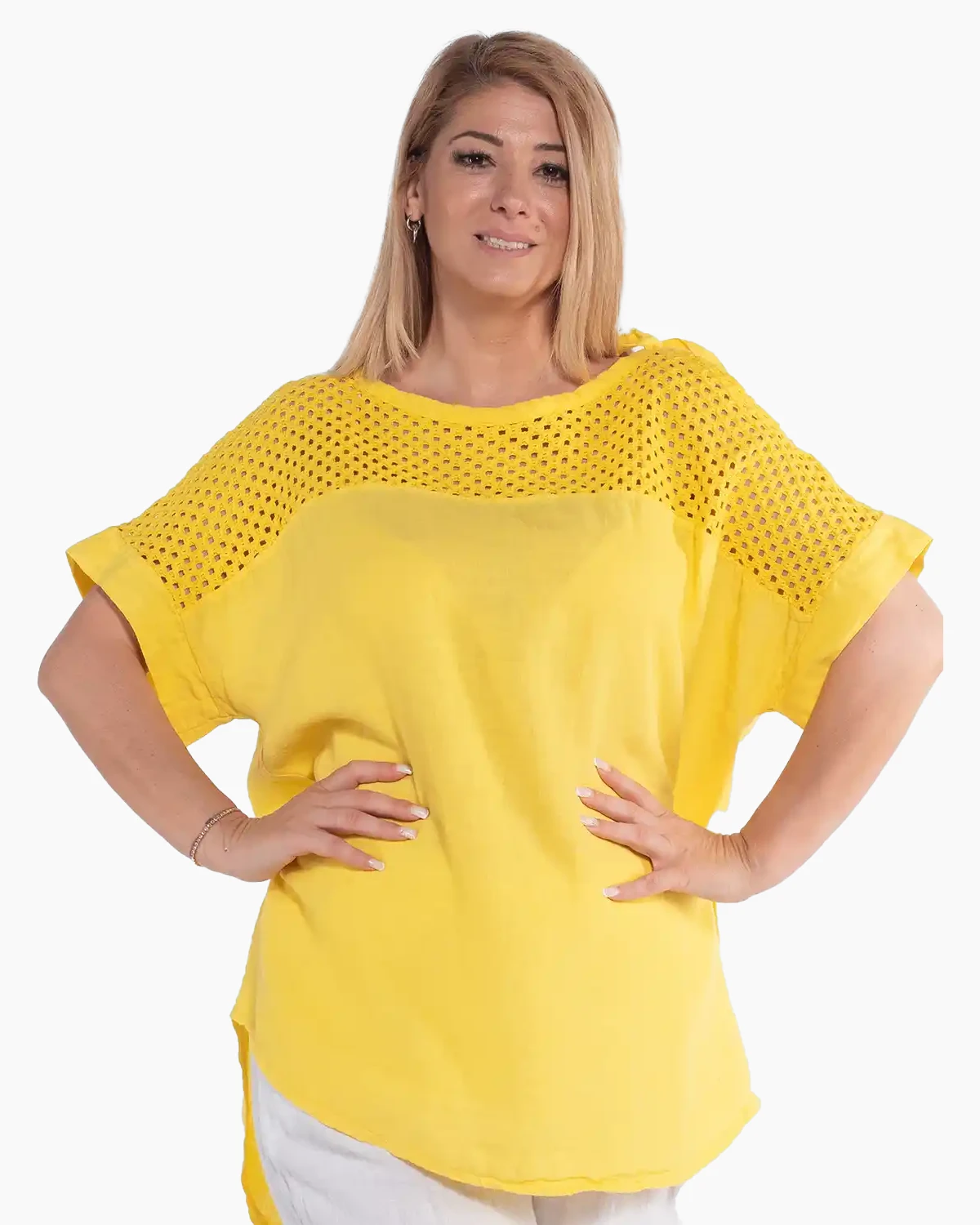 Bluze din In - Bluză galbenă amplă din in cu mânecă asimetrică și șnur decorativ