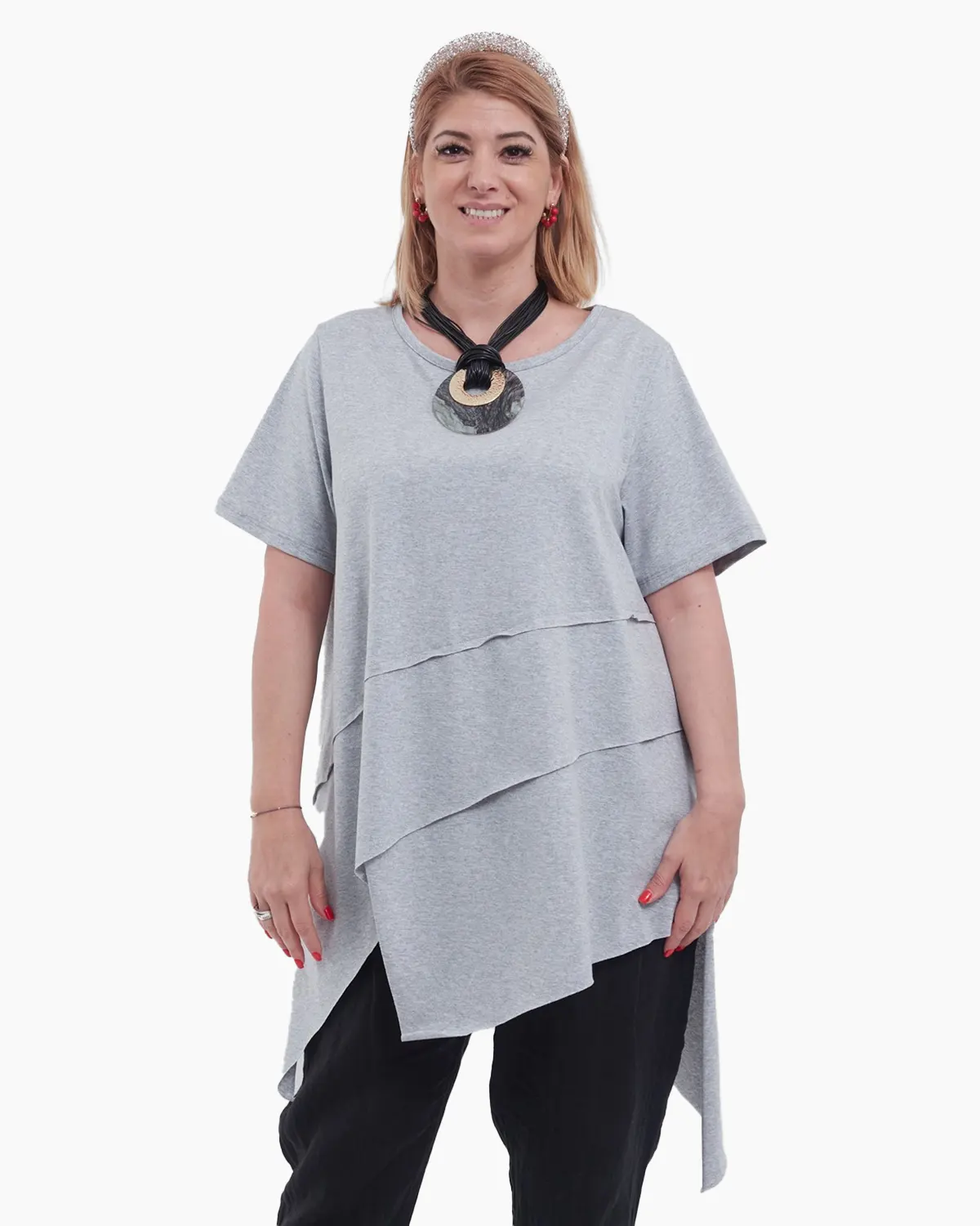 Bluze din Bumbac - Bluză gri lungă asimetrică cu dungi fine, croială lejeră și design urban