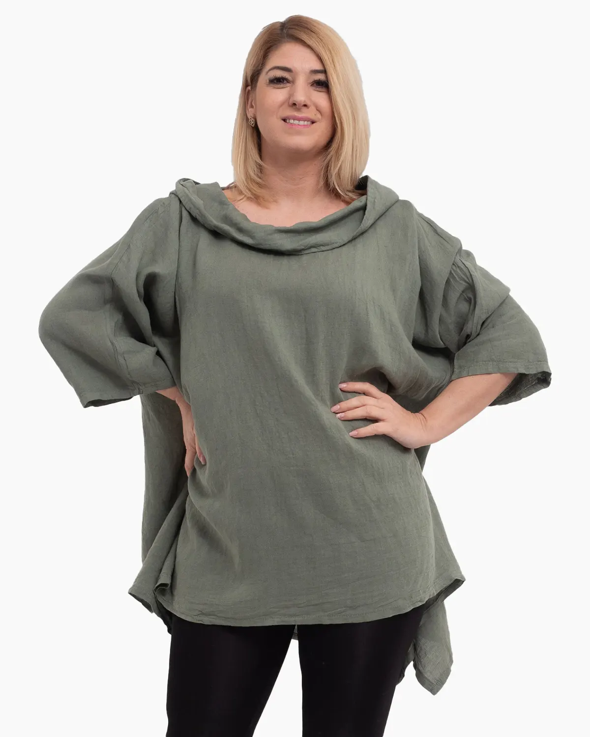 Bluze din In - Bluza kaki din in cu gluga si croi lejer pentru eleganta casual