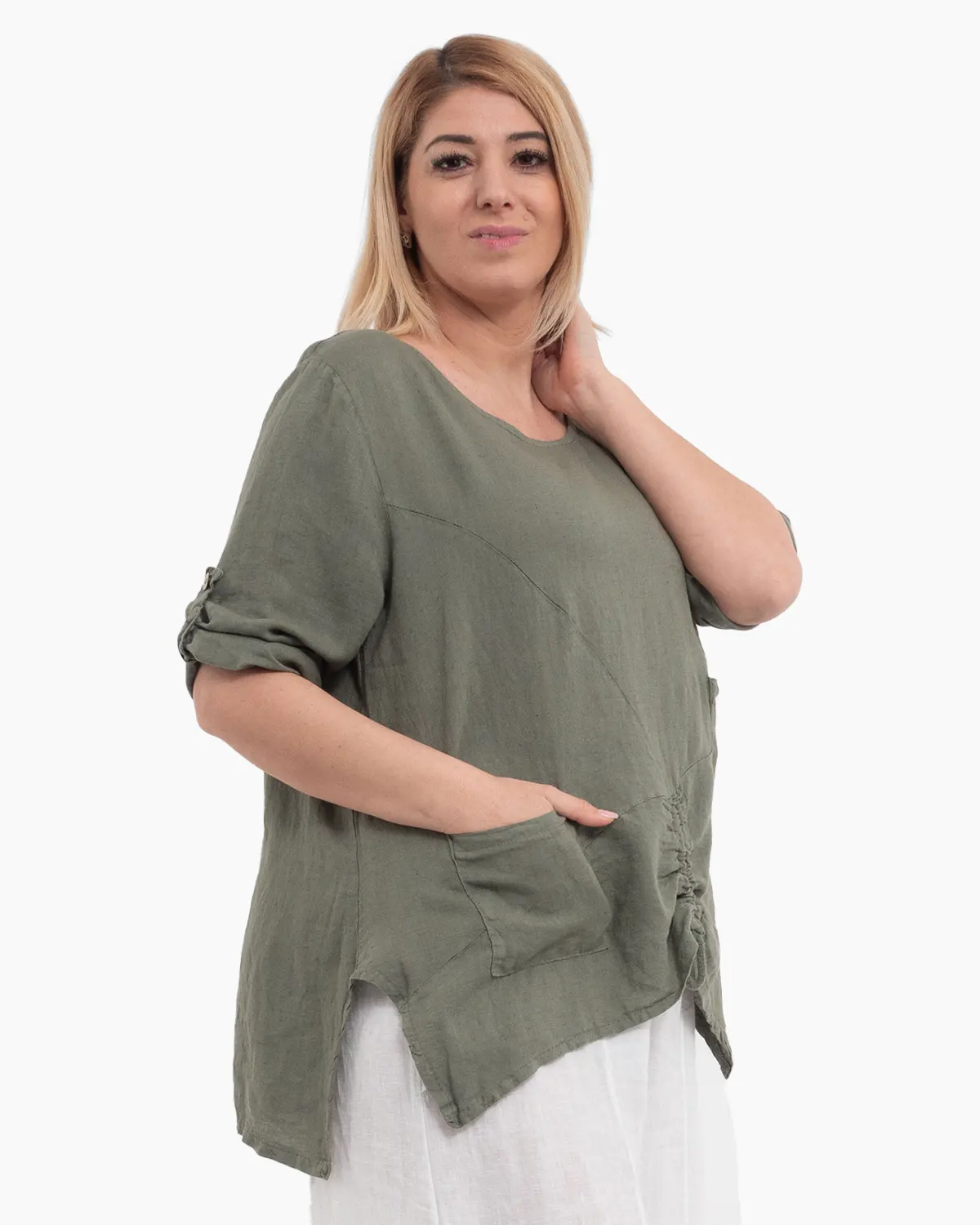 Bluza kaki din in cu maneci trei sferturi si buzunare [3]