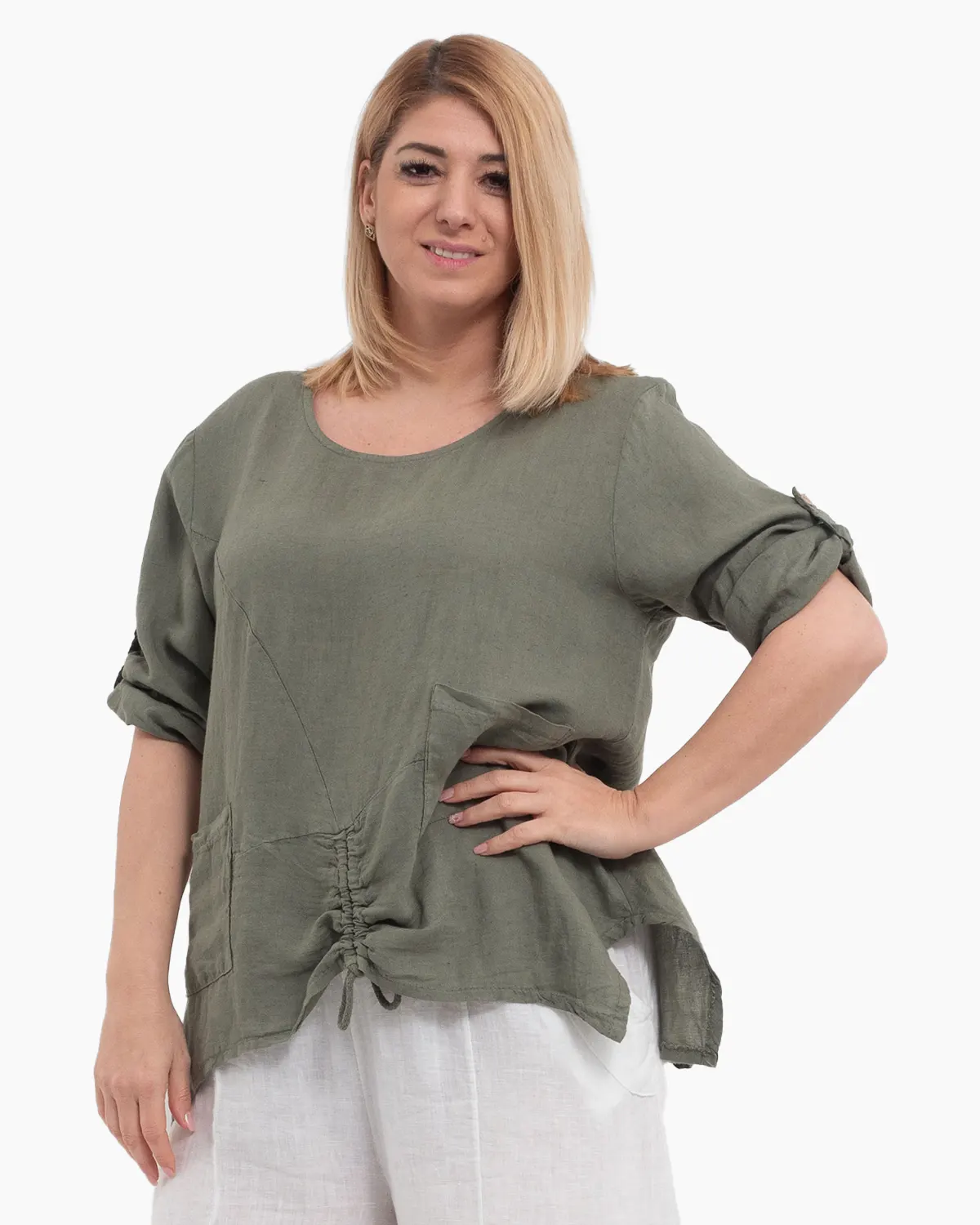 Bluze din In - Bluza kaki din in cu maneci trei sferturi si buzunare