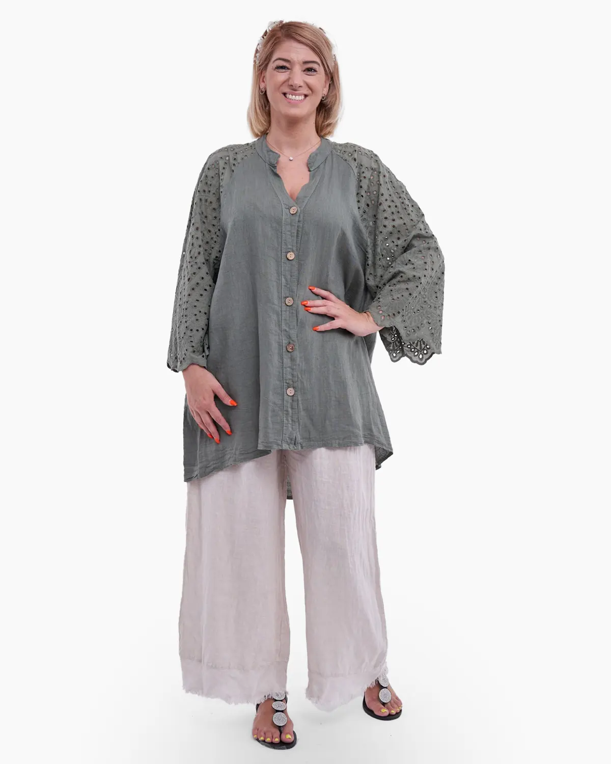 Bluze din In - Bluza kaki din in, oversize, cu broderie sparta la maneci
