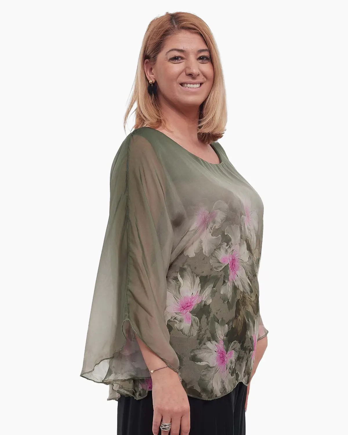 Bluză kaki elegantă stil kimono cu imprimeu floral [2]