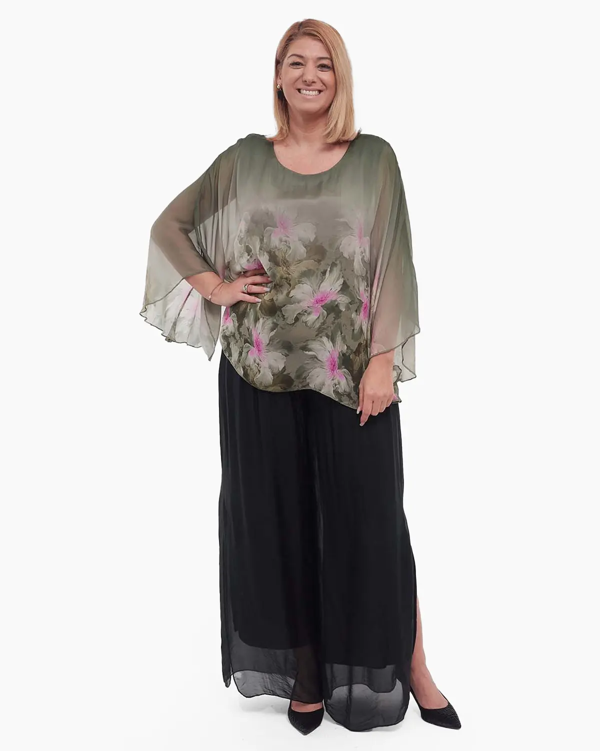 Bluză kaki elegantă stil kimono cu imprimeu floral [3]