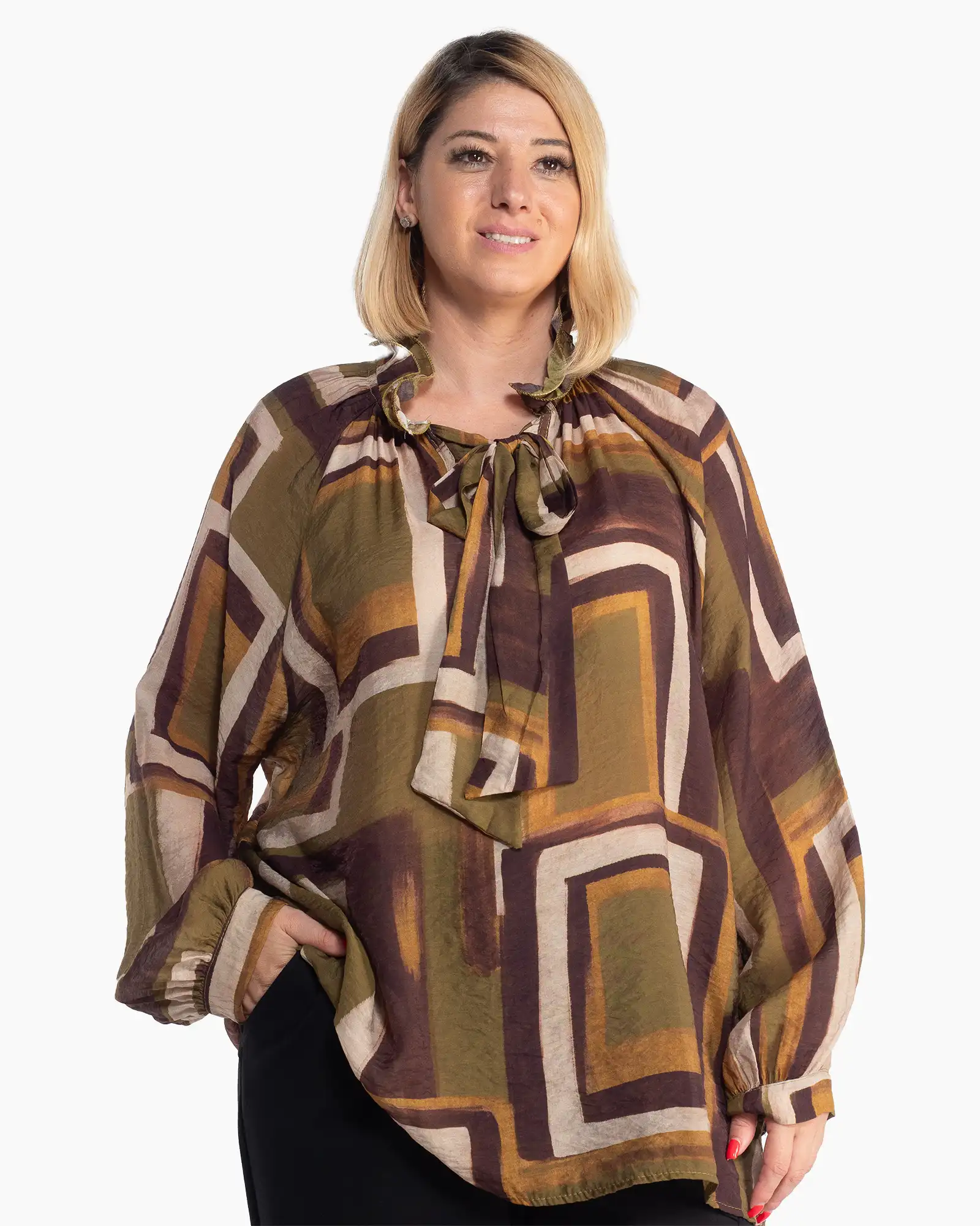Produse noi - Bluză kaki stil boho cu imprimeu geometric și mâneci ample