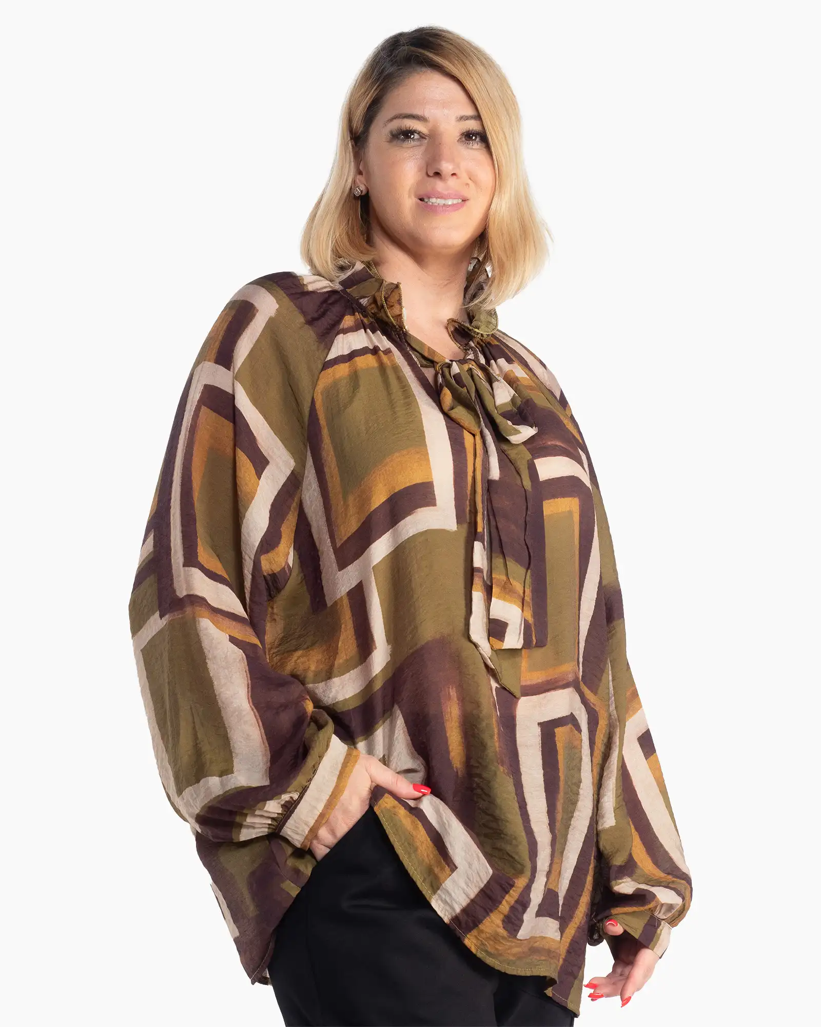 Bluză kaki stil boho cu imprimeu geometric și mâneci ample [2]