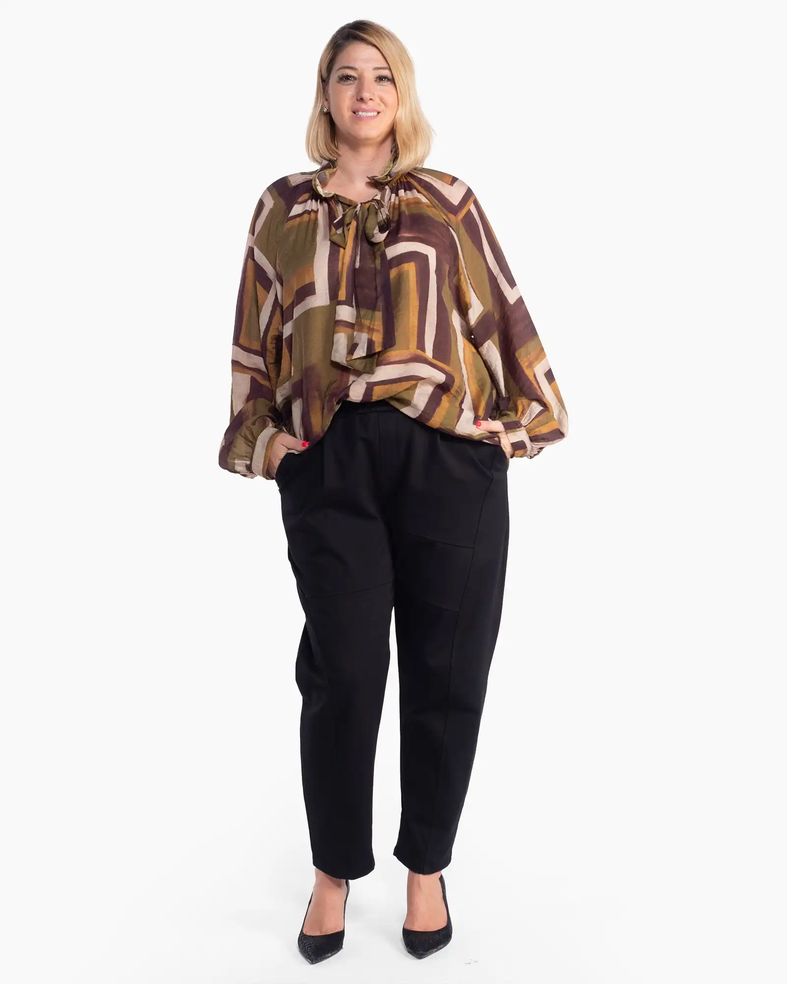 Bluză kaki stil boho cu imprimeu geometric și mâneci ample [3]