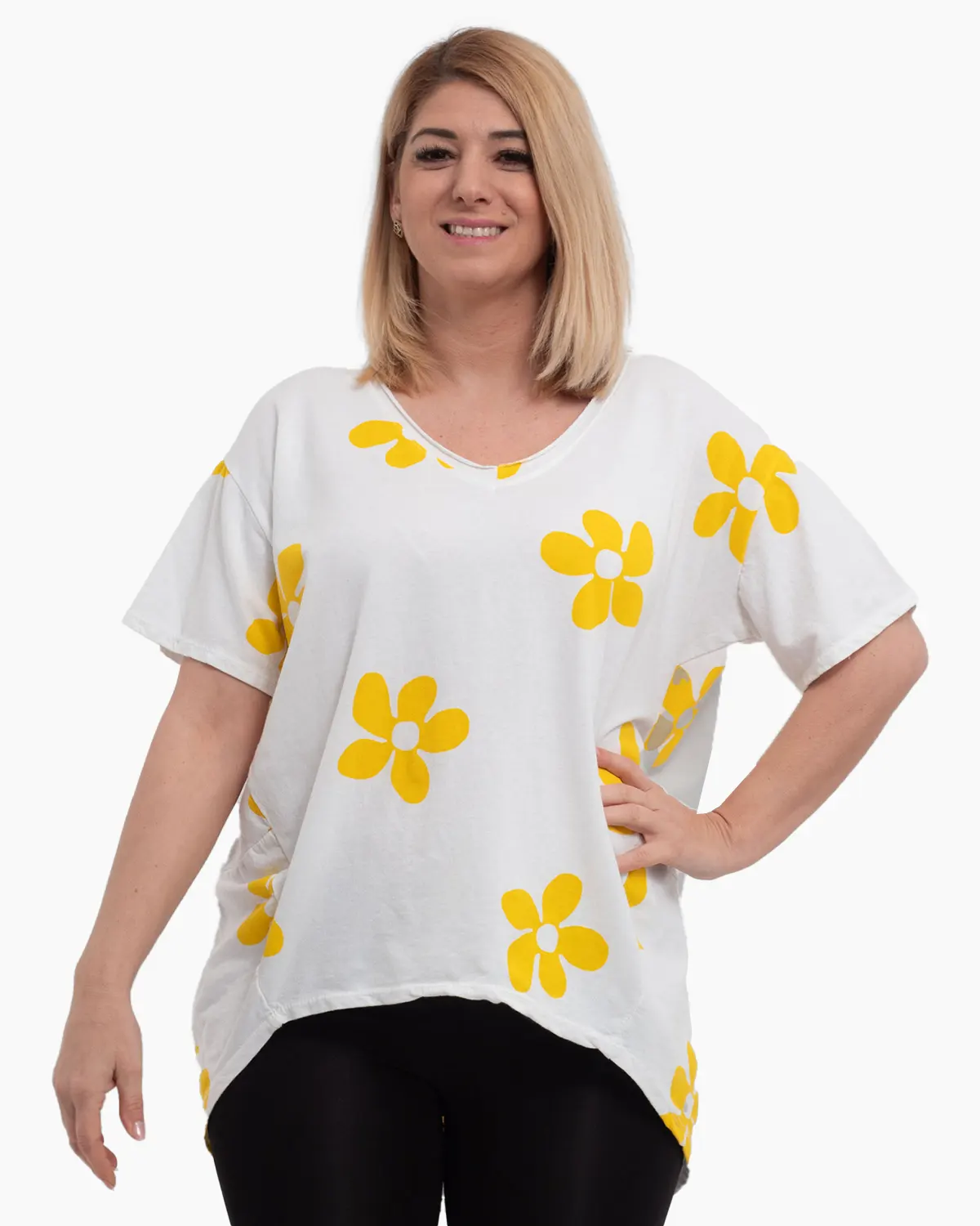 Bluze din Bumbac - Bluza larga alba, cu anchior, din bumbac si flori galbene