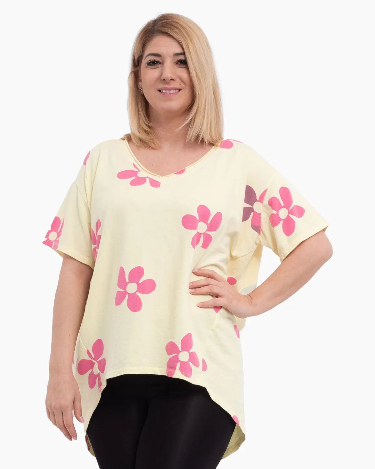 Bluze din Bumbac - Bluza larga galbuie, cu anchior, din bumbac si flori roz