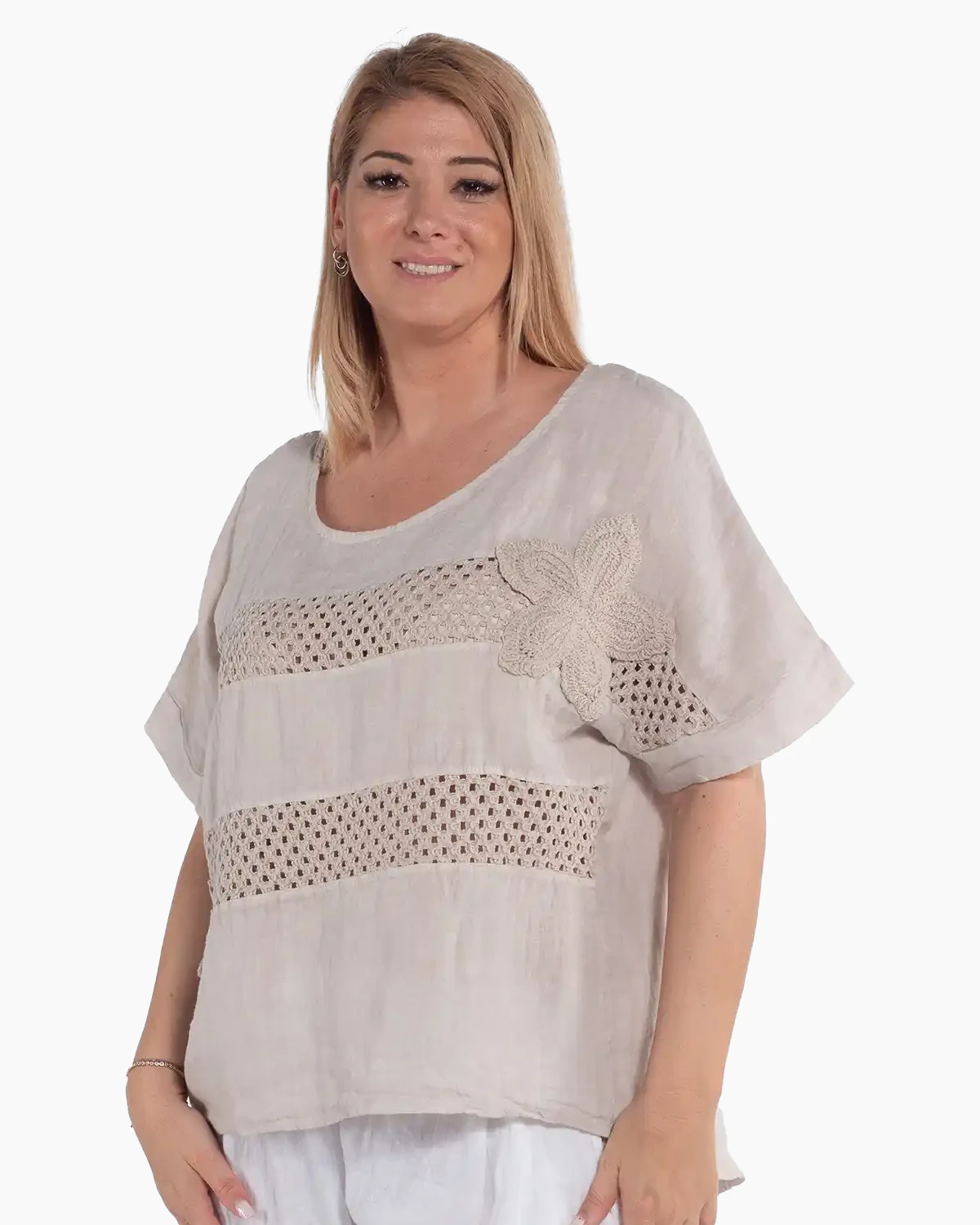 Bluze din In - Bluză lejeră bej din in cu flori macrame și mâneci kimono