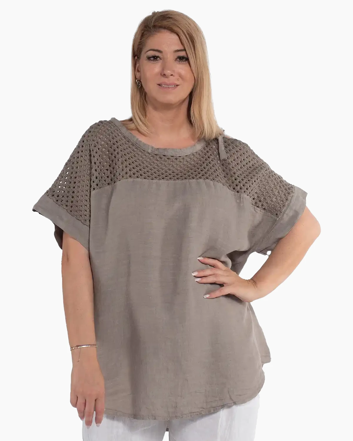 Bluze din In - Bluză lejeră din in bej-fango cu mânecă kimono asimetrică