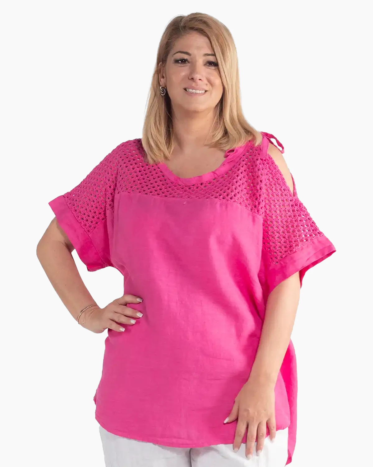 Bluze din In - Bluză lejeră fucsia din in cu mâneci kimono