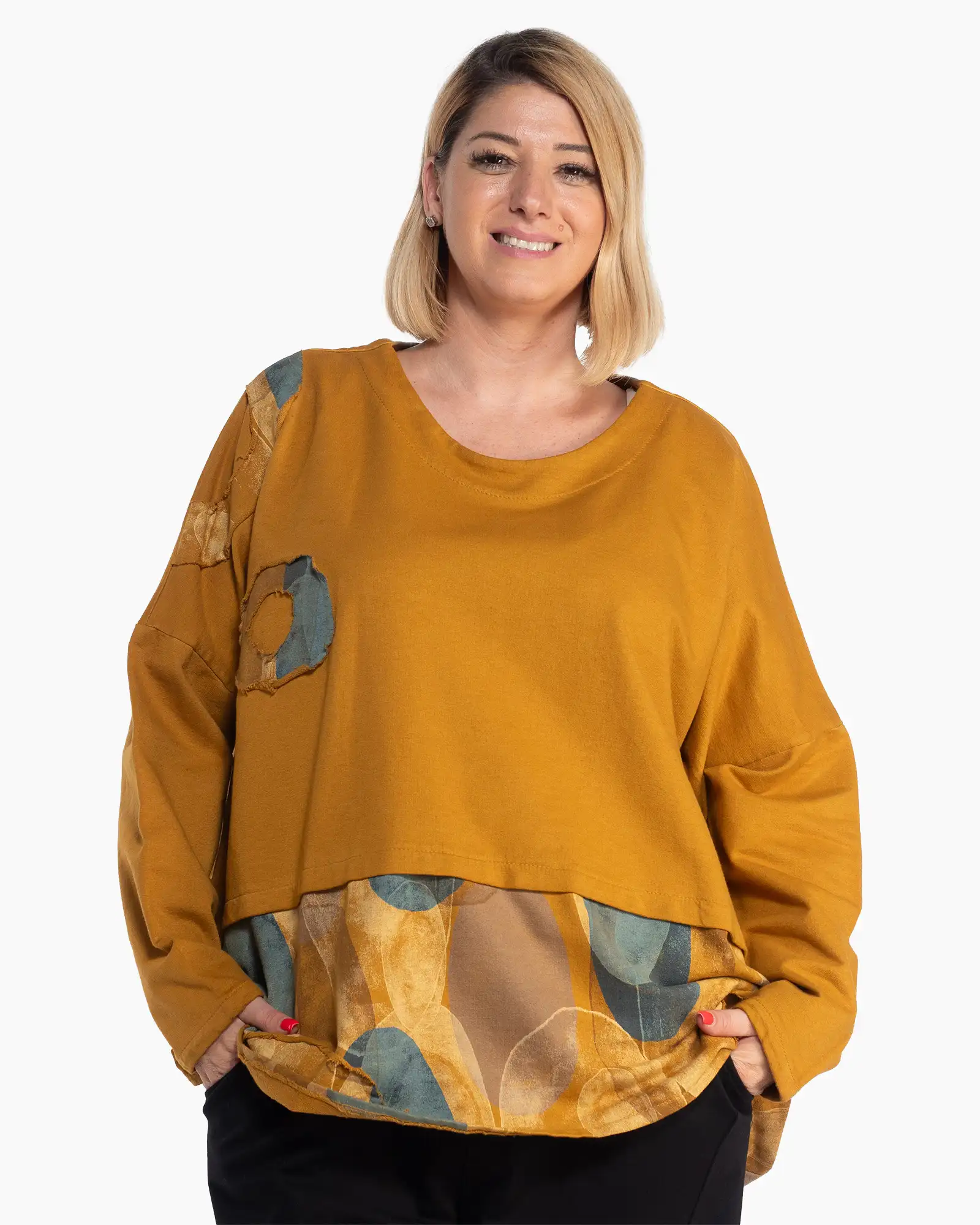 Bluze din Bumbac - Bluză lejeră muștar cu imprimeu artistic și croială fluidă
