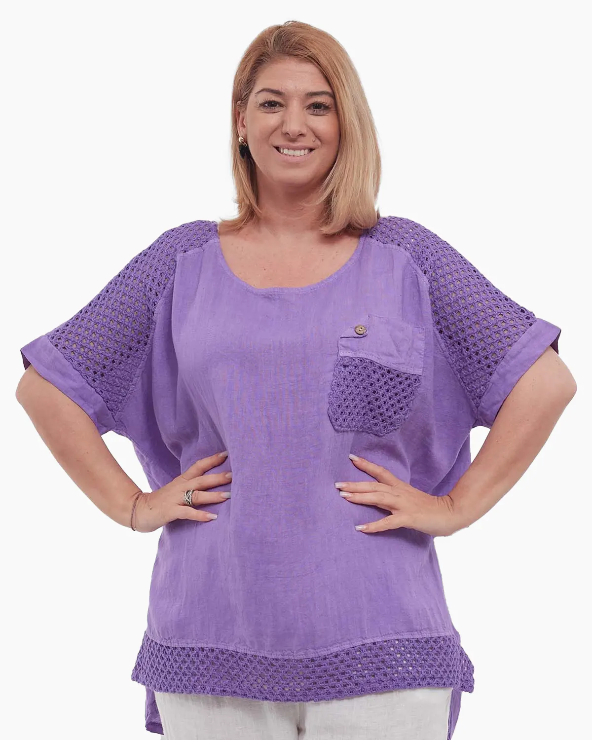 Bluze din In - Bluză lila din in, tunică lungă batwing smart casual