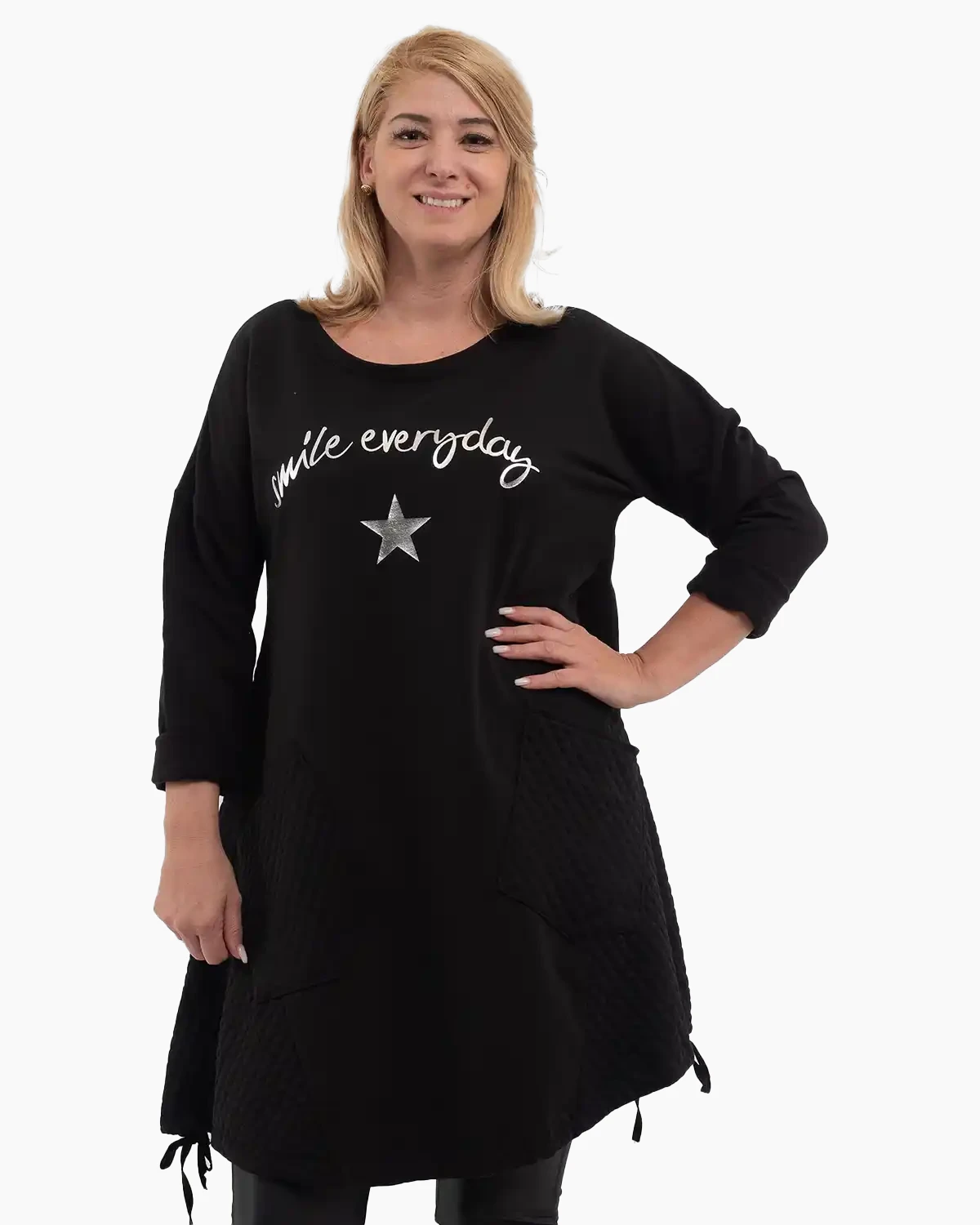 Bluze din Bumbac - Bluza lungă neagră din bumbac gros cu mesaj Smile Everyday