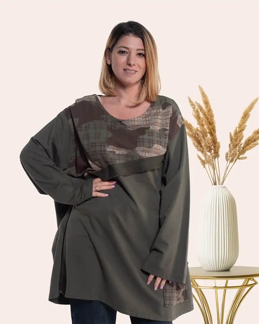 Îmbrăcăminte Damă - Bluză lungă urban-retro kaki oversize bumbac cu imprimeu și aplicație cu franjuri