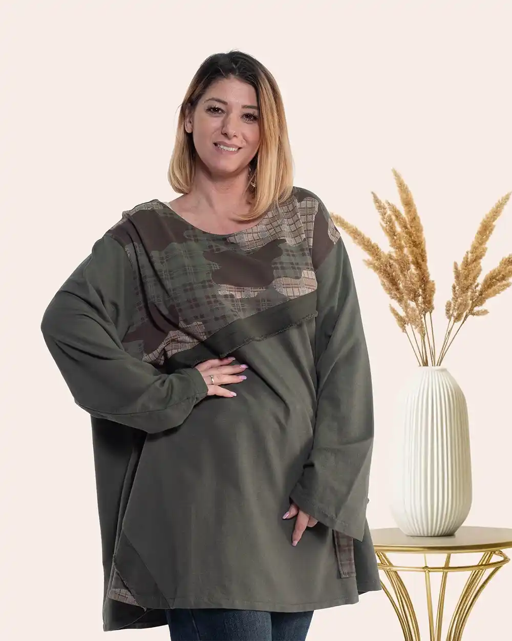 Bluză lungă urban-retro kaki oversize bumbac cu imprimeu și aplicație cu franjuri [2]