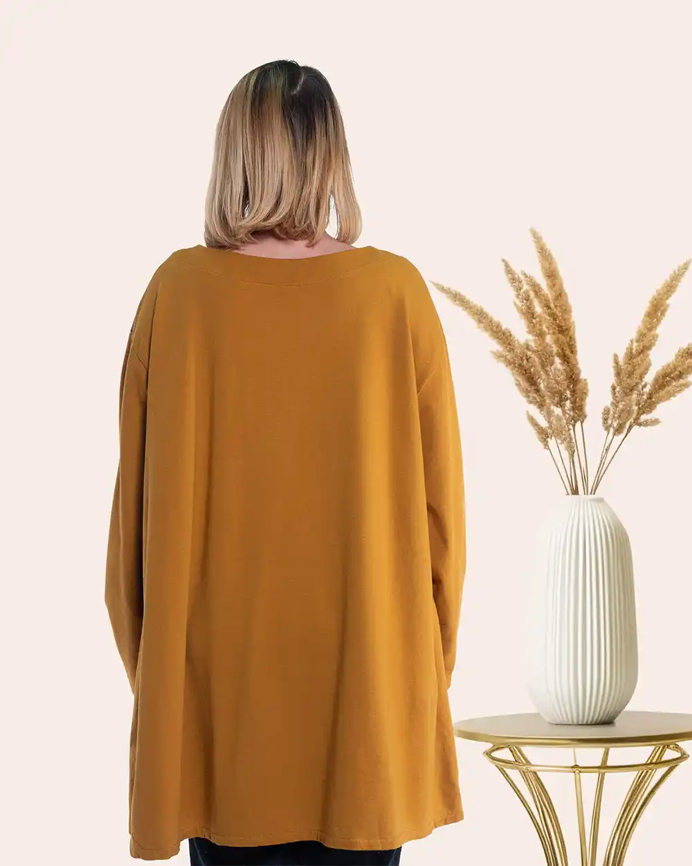 Bluză lungă urban-retro muștar oversize bumbac cu imprimeu și aplicație cu franjuri [1]