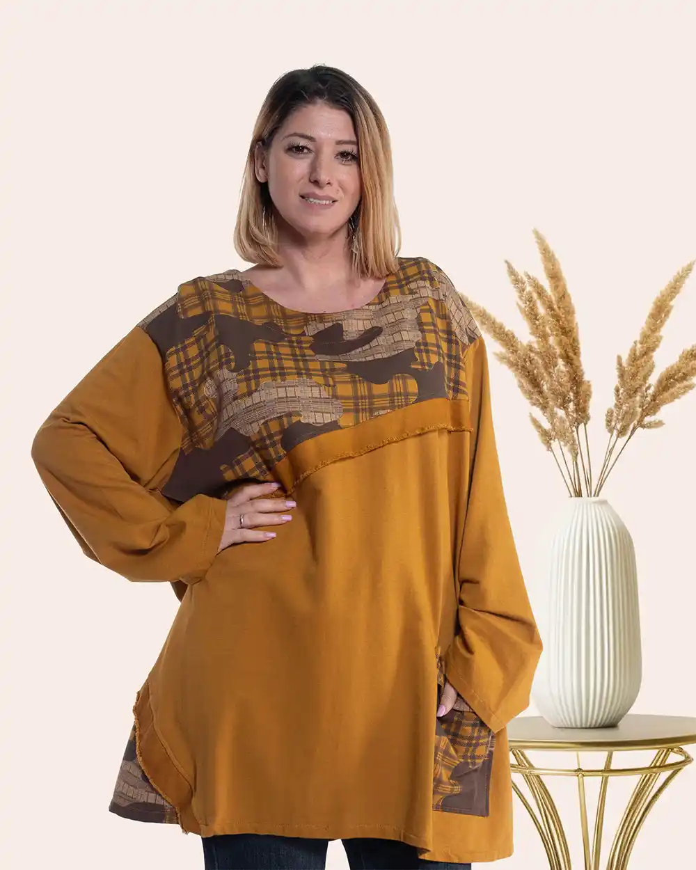 Bluze din Bumbac - Bluză lungă urban-retro muștar oversize bumbac cu imprimeu și aplicație cu franjuri