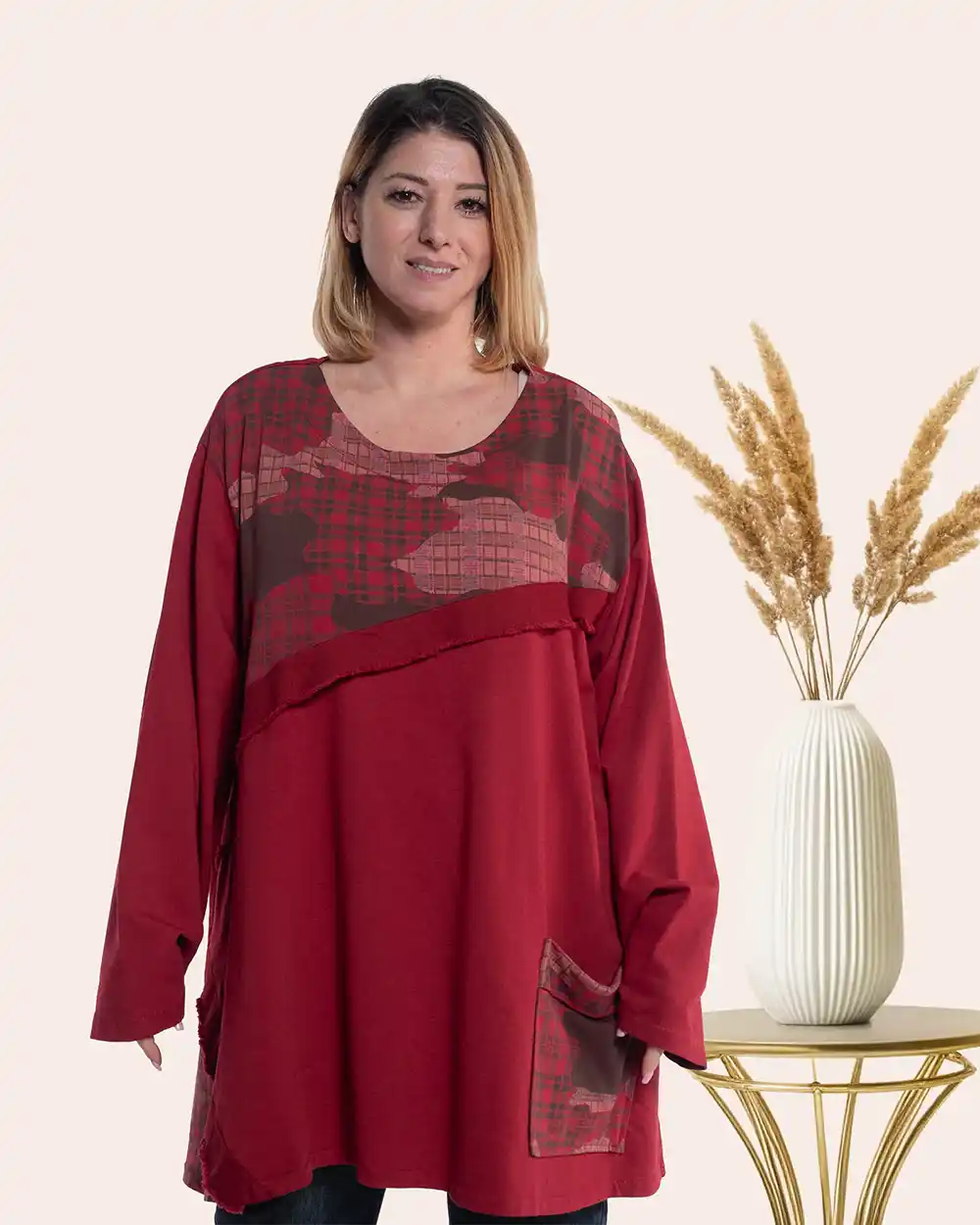 Bluze Casual - Bluză lungă urban-retro roșie oversize bumbac cu imprimeu și aplicație cu franjuri