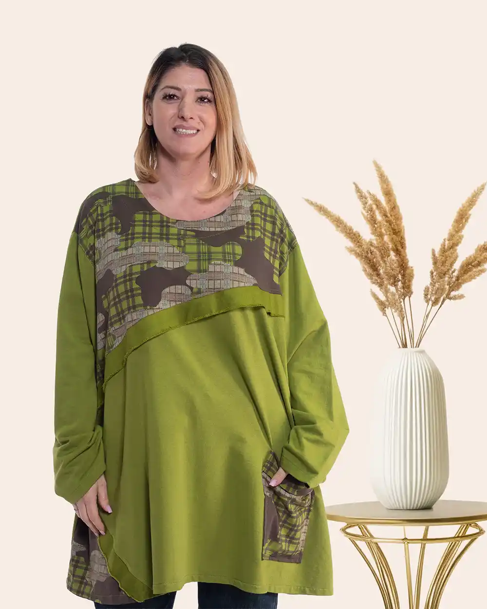 Îmbrăcăminte Damă - Bluză lungă urban-retro vernil oversize bumbac cu imprimeu și aplicație cu franjuri