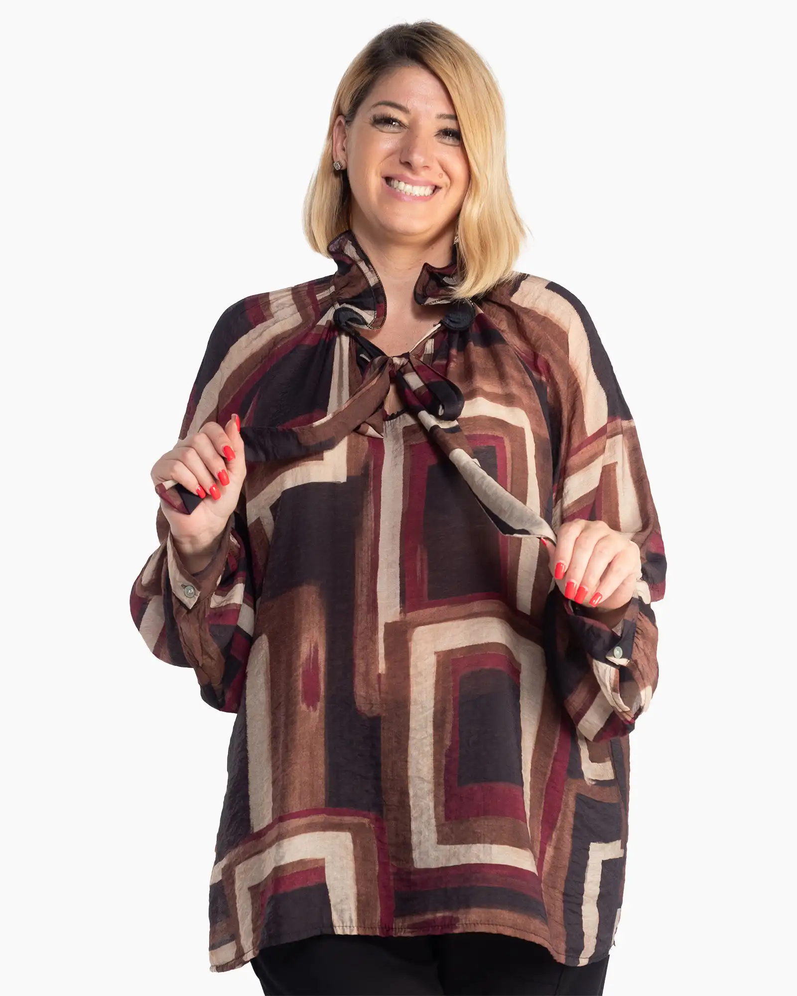 Produse noi - Bluză maro boho fluidă cu imprimeu geometric și mâneci bufante