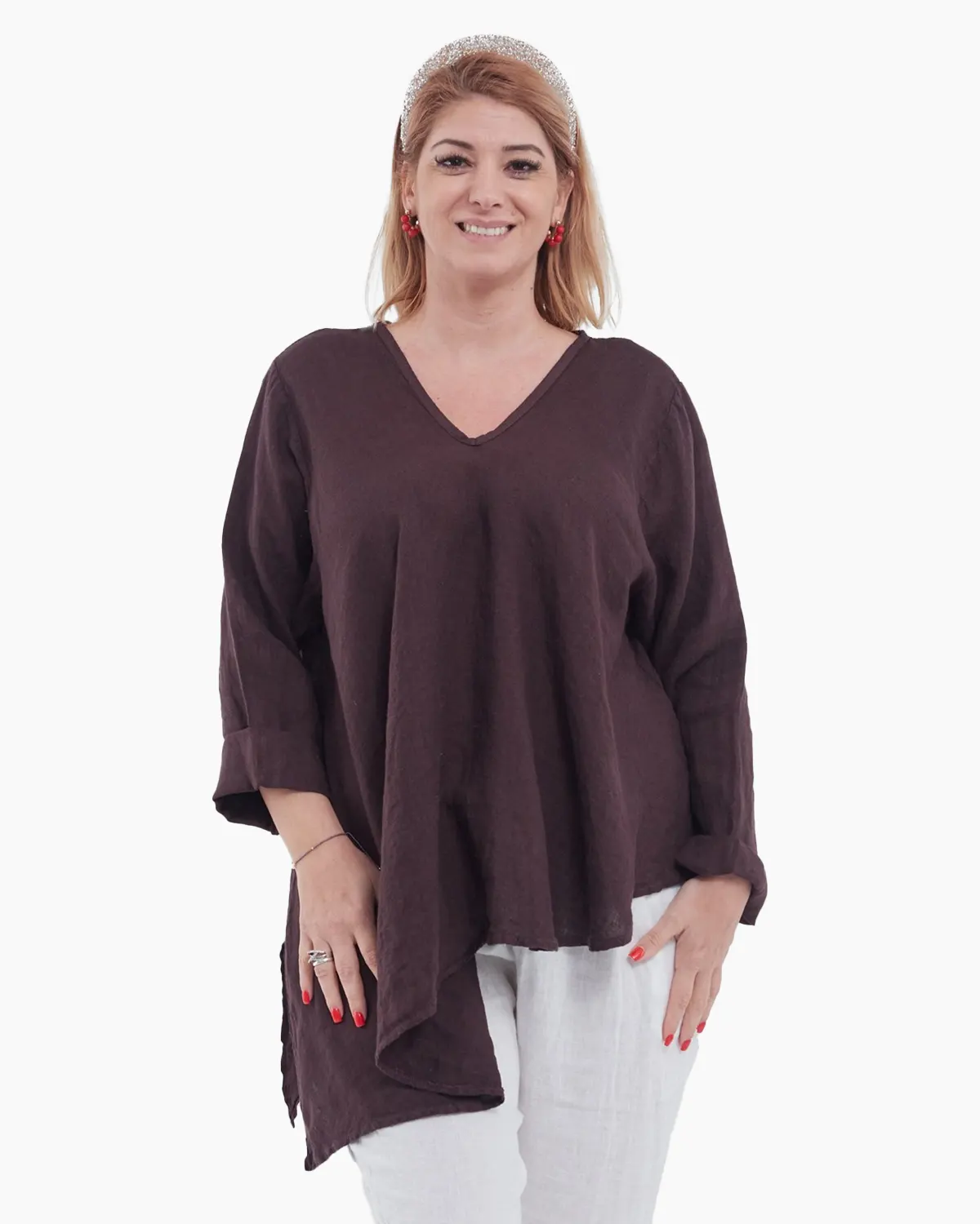 Bluze din In - Bluză maro elegantă din in cu maneci lungi, decolteu în V și croială lejeră