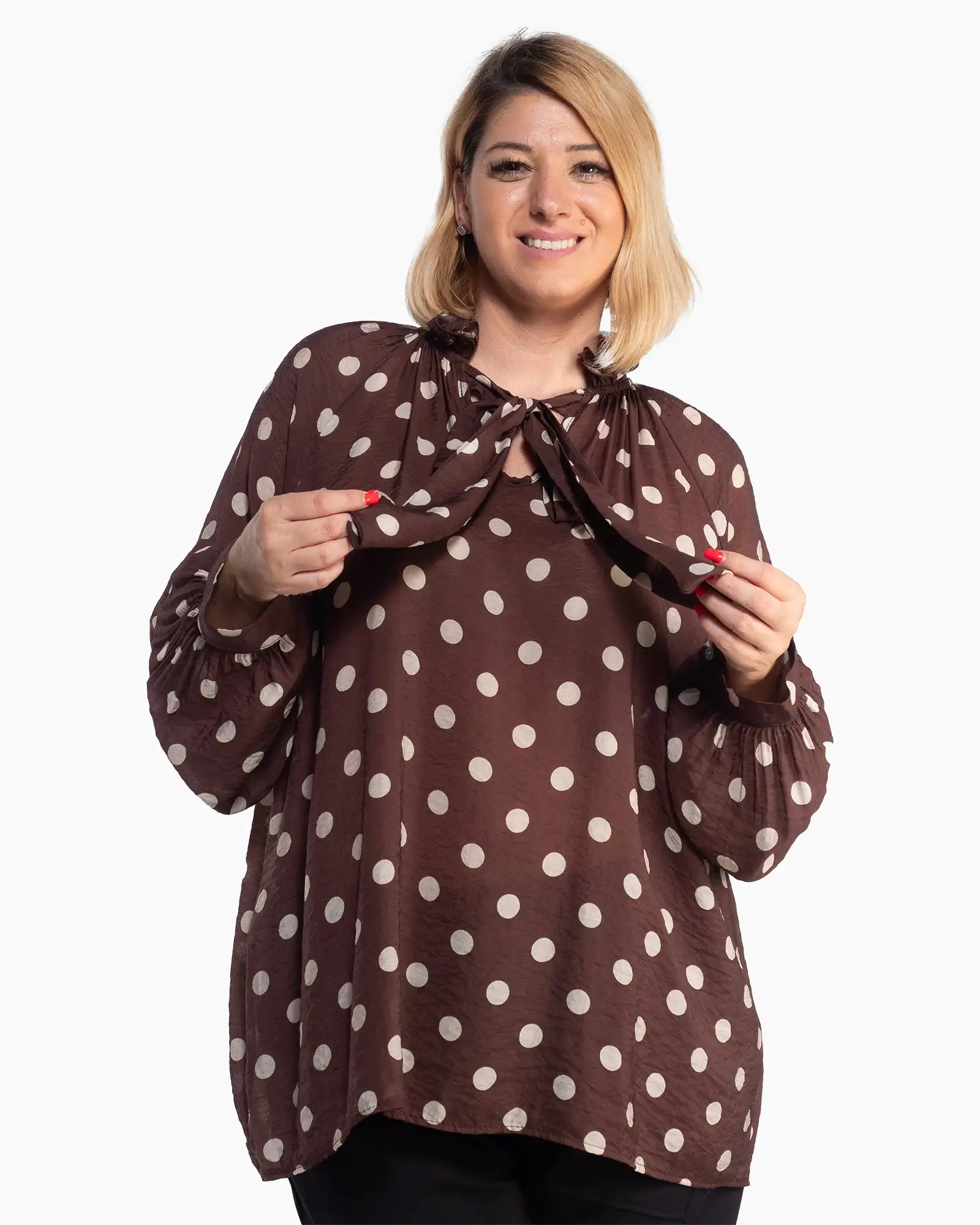 Produse noi - Bluză maro vaporoasă cu buline și fundă elegantă la gât