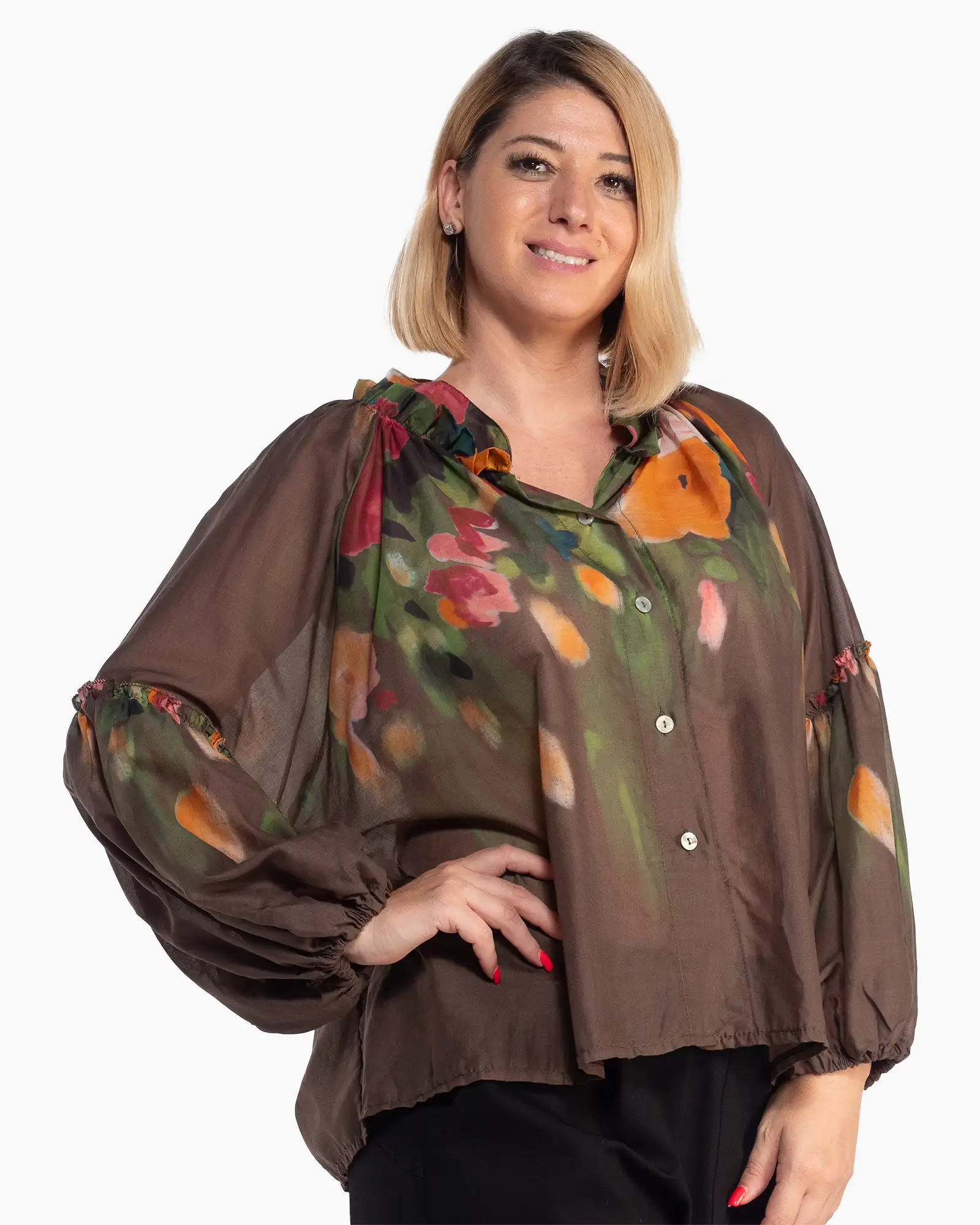 Bluză maro vaporoasă cu imprimeu floral chic și mâneci bufante [2]