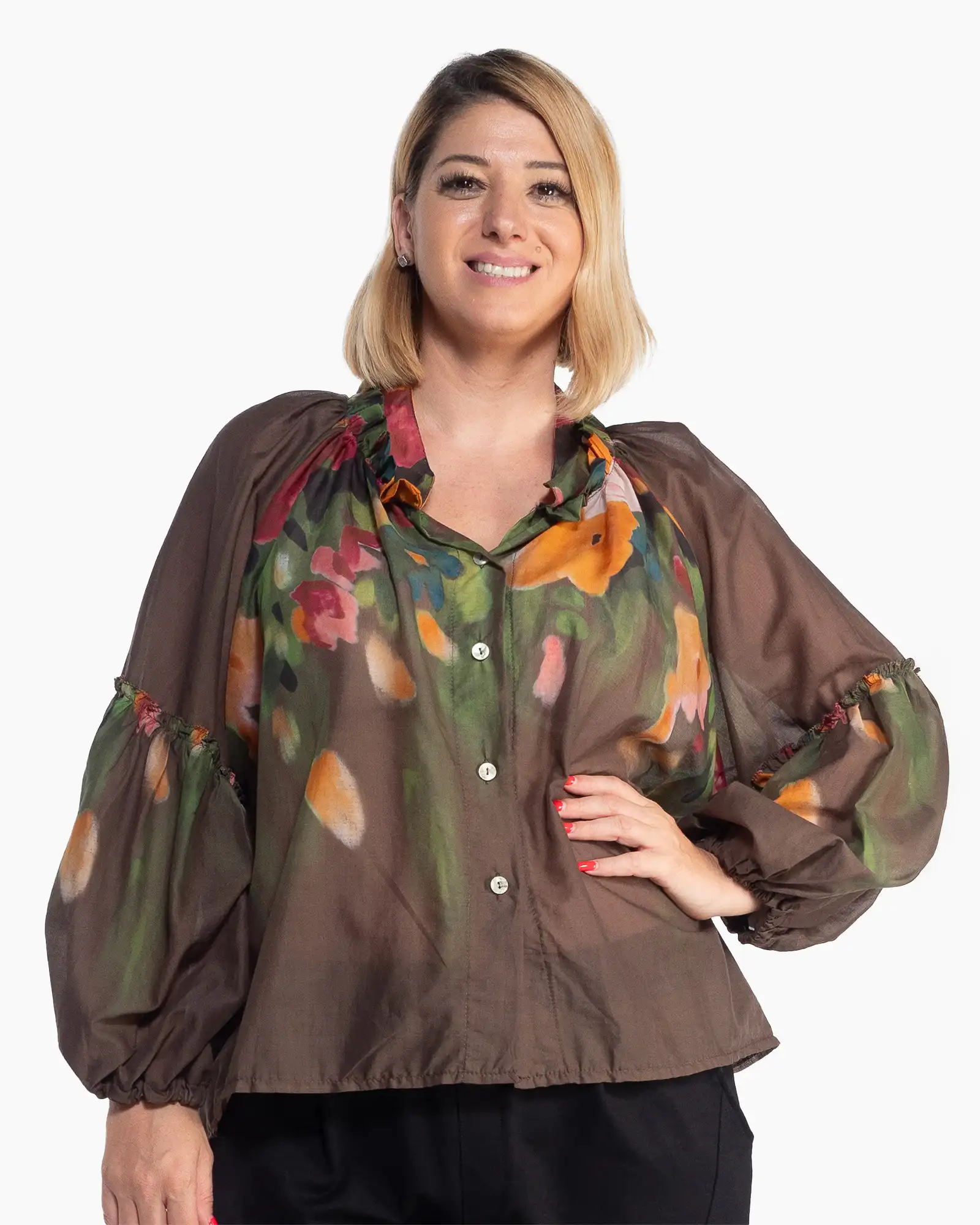 Bluze din Bumbac - Bluză maro vaporoasă cu imprimeu floral chic și mâneci bufante