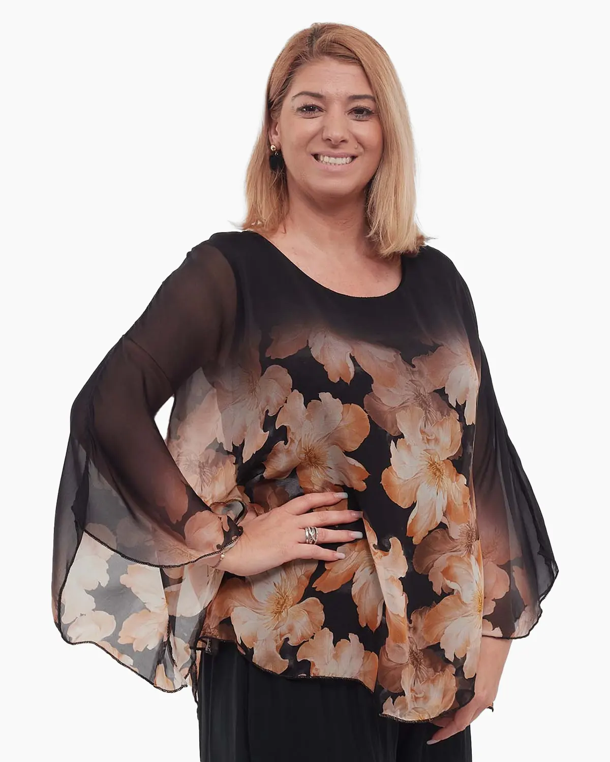 Bluză maro vaporoasă stil kimono cu imprimeu floral [2]