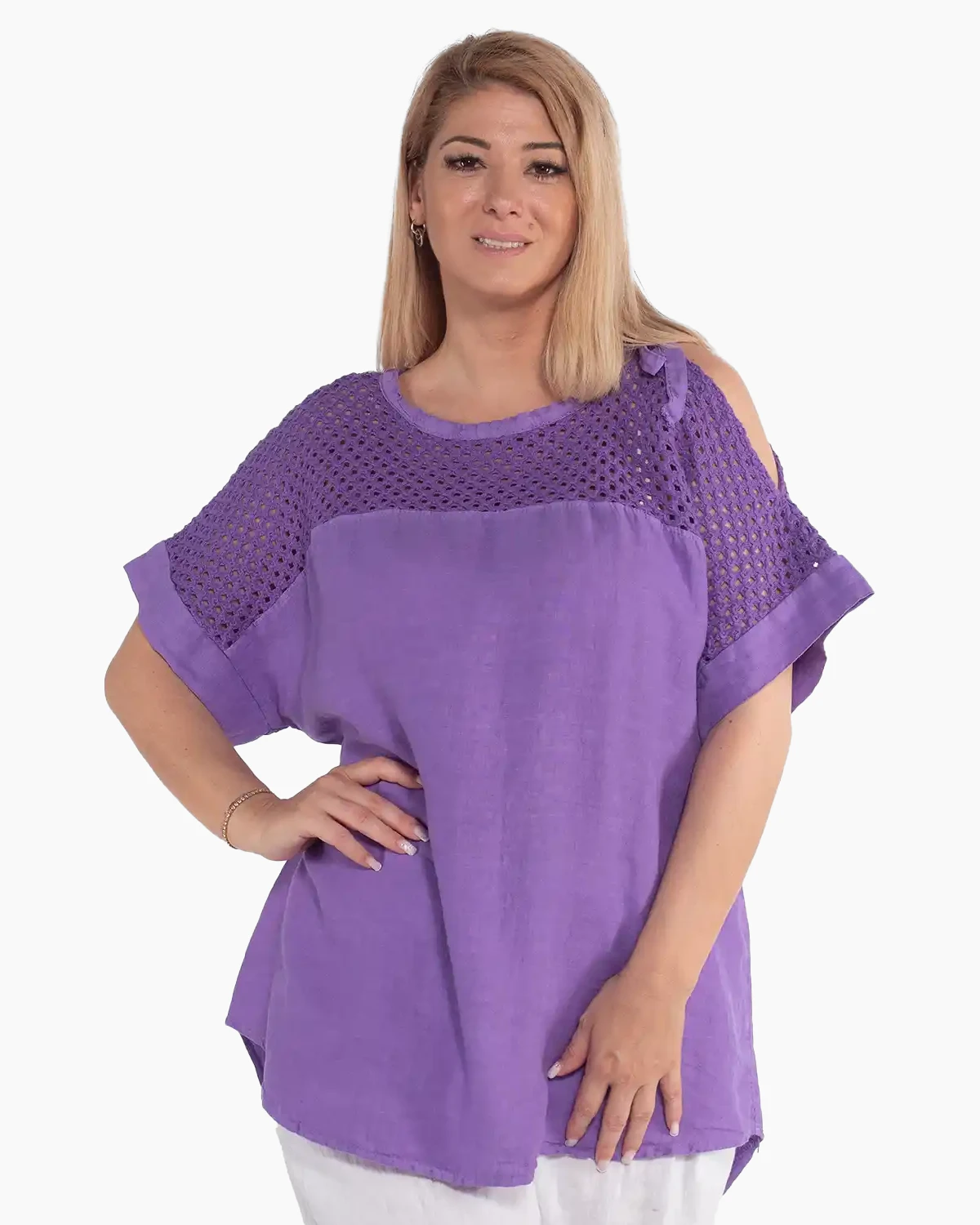 Bluze din In - Bluză mov din in cu mâneci kimono și design amplu