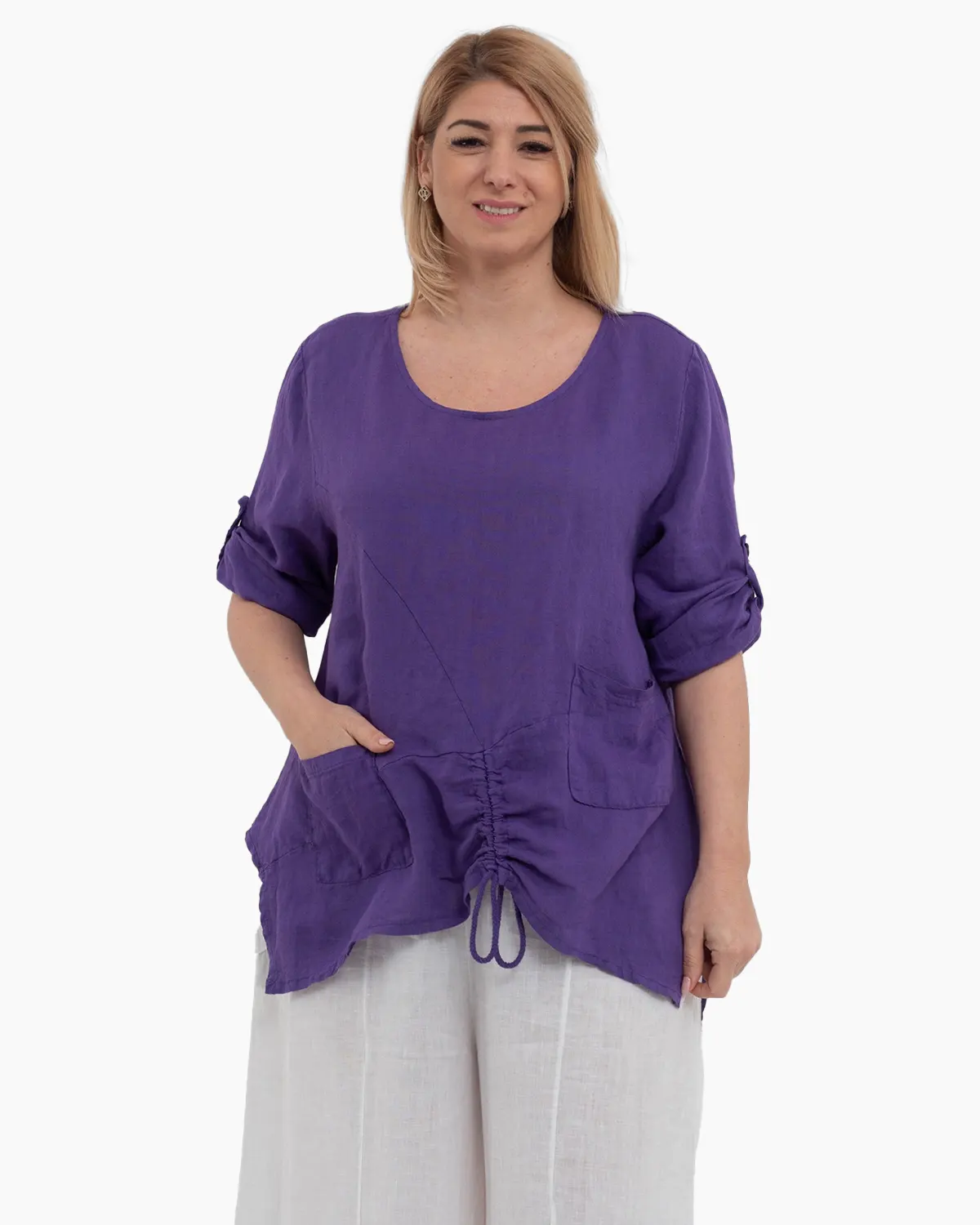 Bluze din In - Bluza mov din in cu maneci trei sferturi si buzunare